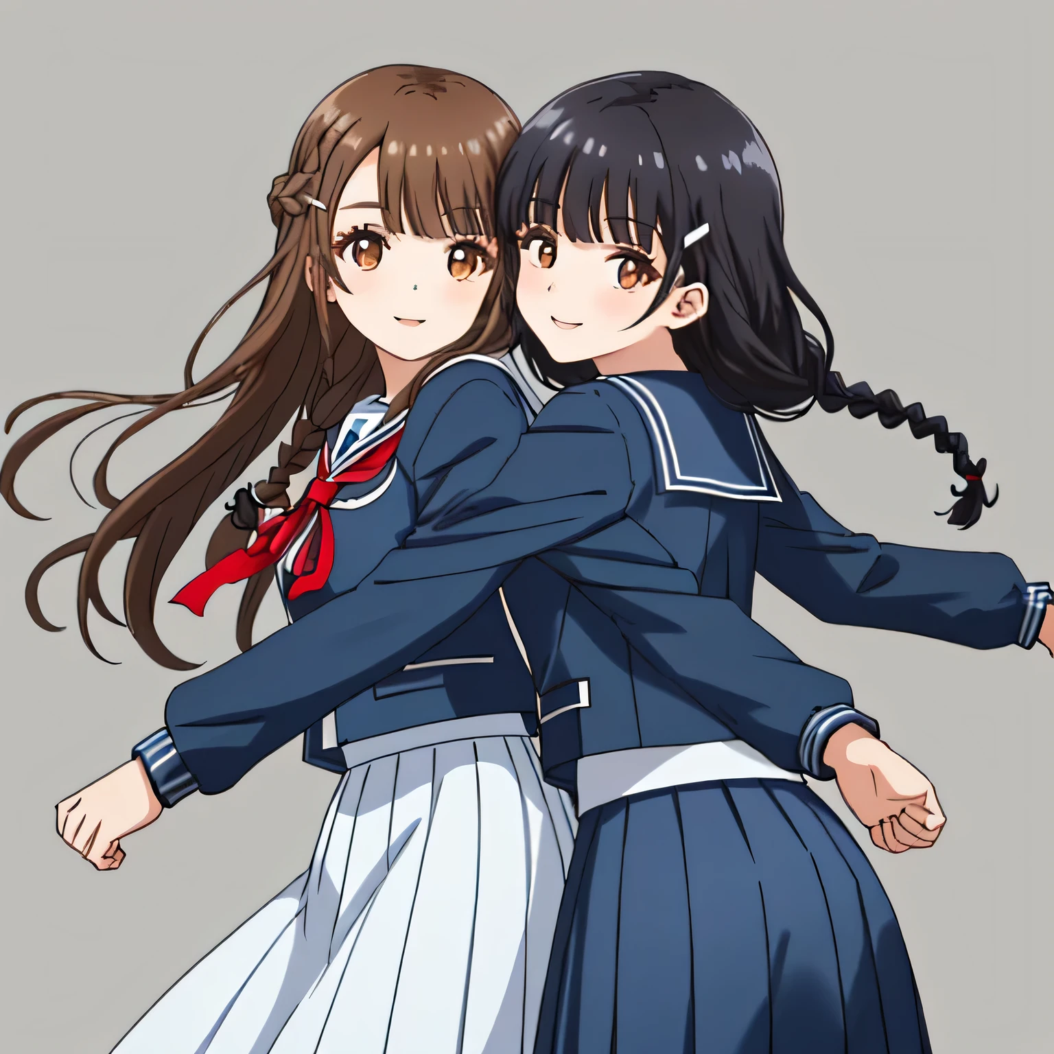 highest quality, (masterpiece:1.2), very detailed, girl looking back at viewer, Glossy lips that make you want to kiss, nice smile, brown eyes, ((dark brown symmetrical braids)), ((Twin braided hair)) , , big shiny hair clip, sailor suit, 紺色のsailor suit, ((The jacket is dark blue)), The skirt is also dark blue, sailor suitの上下は光沢のある紺色です., middle long skirt, ((red big shiny school ribbon tie.)), laughter、bright look、Both face and hair catch the light and shine, I&#39;m very happy, The expression of a cute maiden in love, beautiful long skirt fabric., cute expression, double eyelid, ((Long eyelashes and long lower eyelashes)), pure white background, The wind is blowing, Photographed from behind diagonally