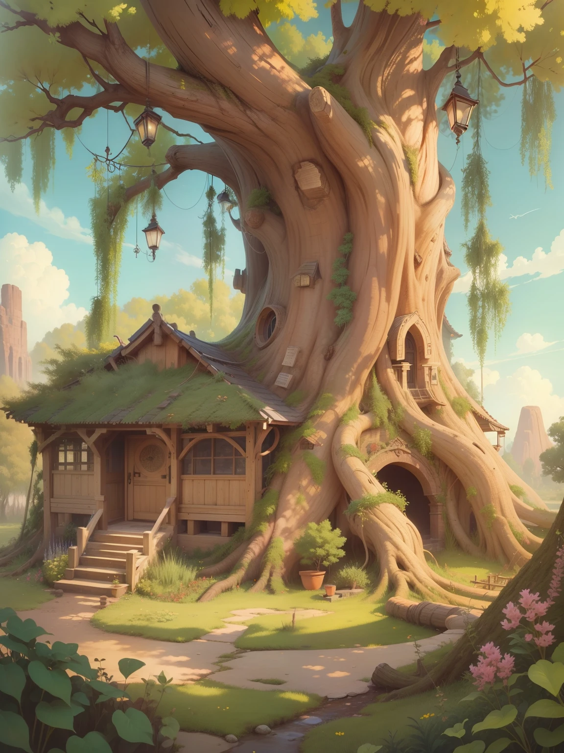 cartoon illustration,The willow tree is placed in the upper center of the picture,Highlight willow tree,Have a macro perspective