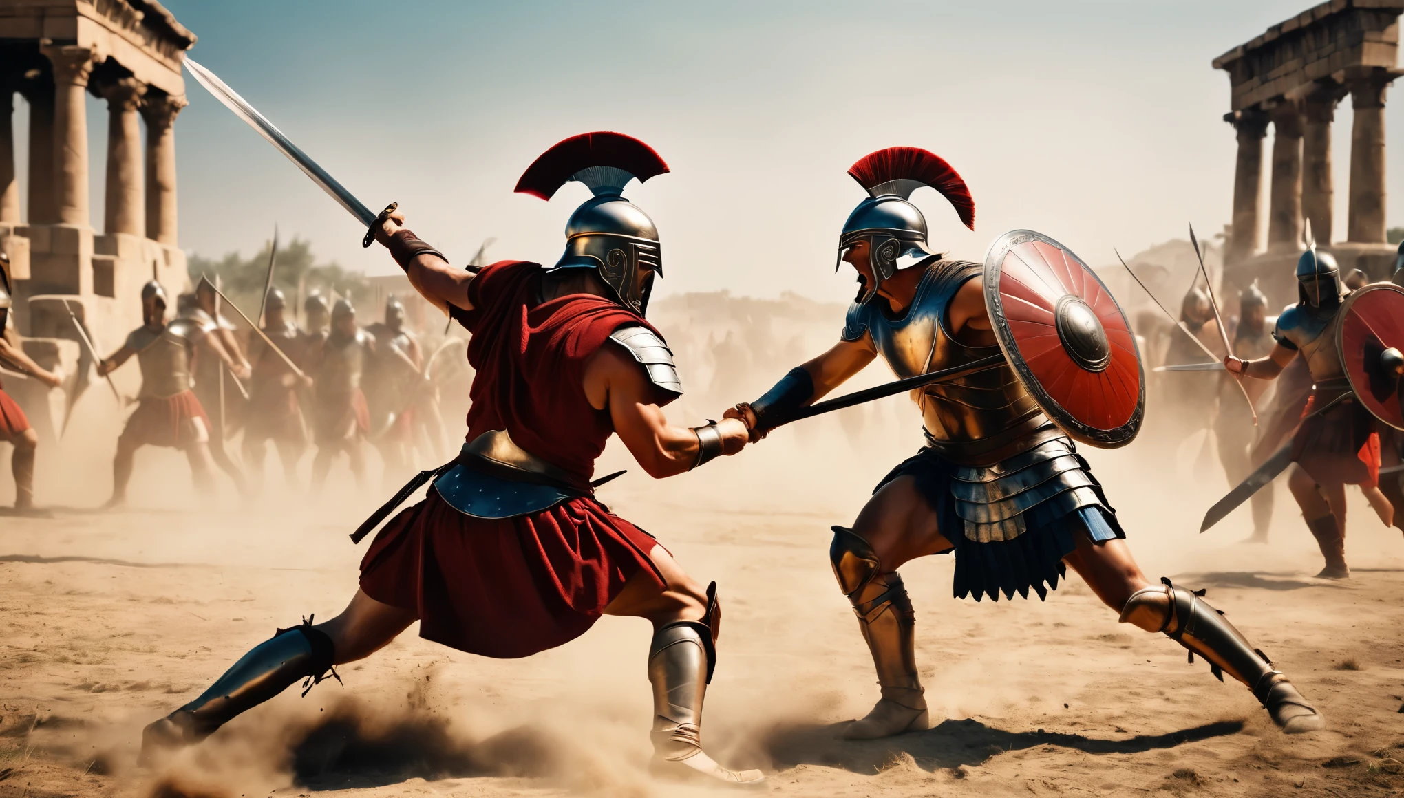 realistic photo, final duel of Achilles with Hector fight, showdown finale, final clash of two warriors,fight, duel, ancient Troy, fight in the field in front of the city gates, emptu field, only two fighting warriors, fierce clash, dynamic action, realistic ancient greek armor, mystical fight, dirt, dust, fierce fight, crossed swords of two warriors, sword, shields, spears, no helmet, beautiful fight of two mighty warriors, realistic warrior anatomy, realistic facial expressions (hostility, anger, ferocity), shallow depth of field focused on the warriors, film grain, 8k, raw photo, cinematic photo