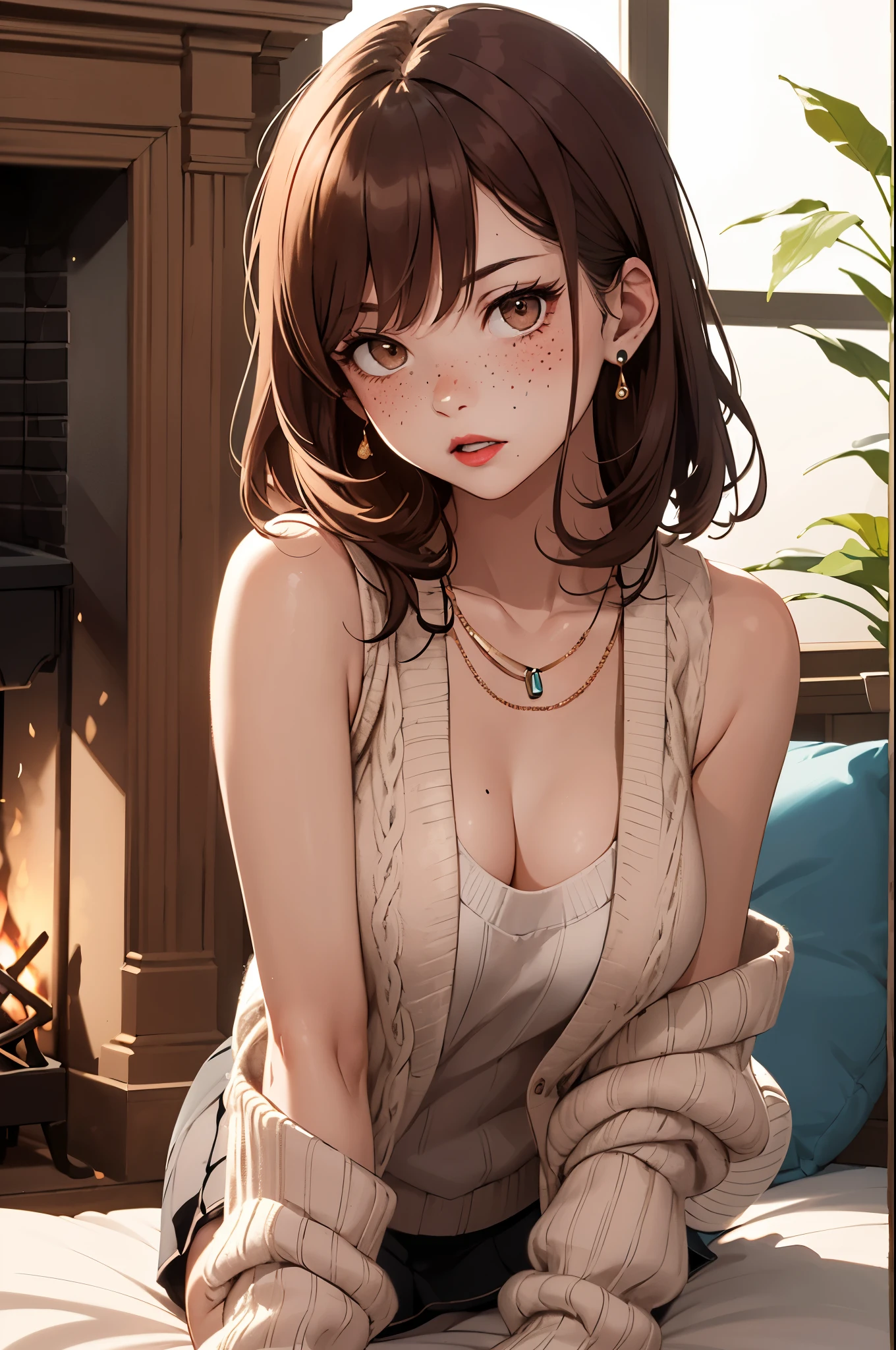 ((best quality)), ((masterpiece)), (detailed), Ridiculous resolution, high resolution, (masterpiece:1.4), Hyper-detailing, a woman. she is . auburn hair. She has bangs in her hair. red lips. she is blushing. she has freckles. (Ultra detailed brown eyes)). she is lying on a sofa by the fireplace. She is wearing a sleeveless woolen sweater crop top. She is wearing a woolen, ribbed mini skirt. necklace. full body shot. she is angry.
