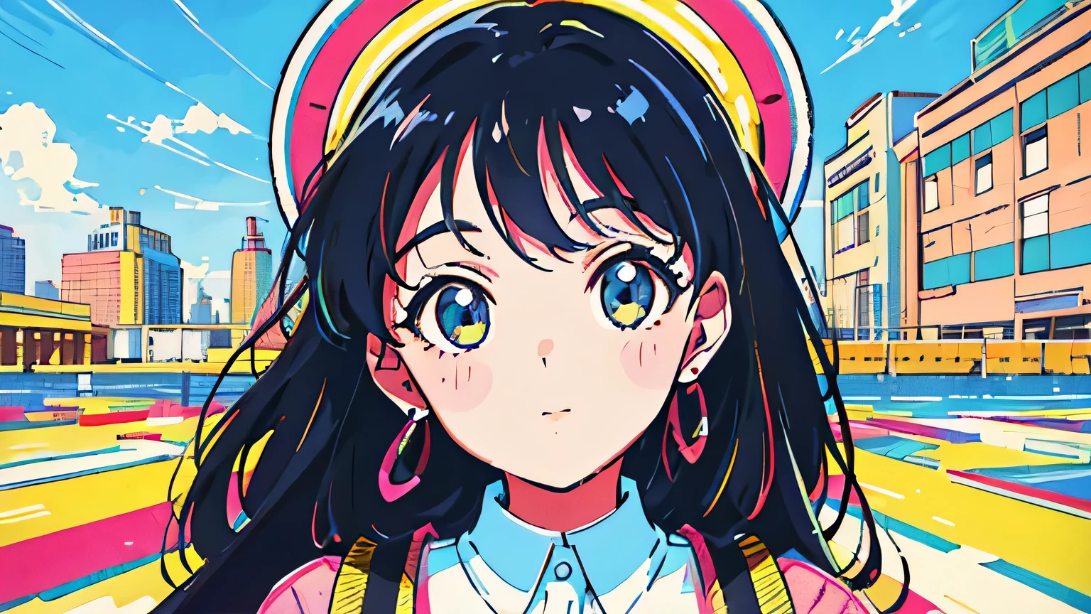 (flat color:0.9),(colorful:1.1),(masterpiece:1,2),retro,city pop, best quality, masterpiece, highres, original, extremely detailed wallpaper, looking at viewer,,,1girl,solo,Girl,Portrait