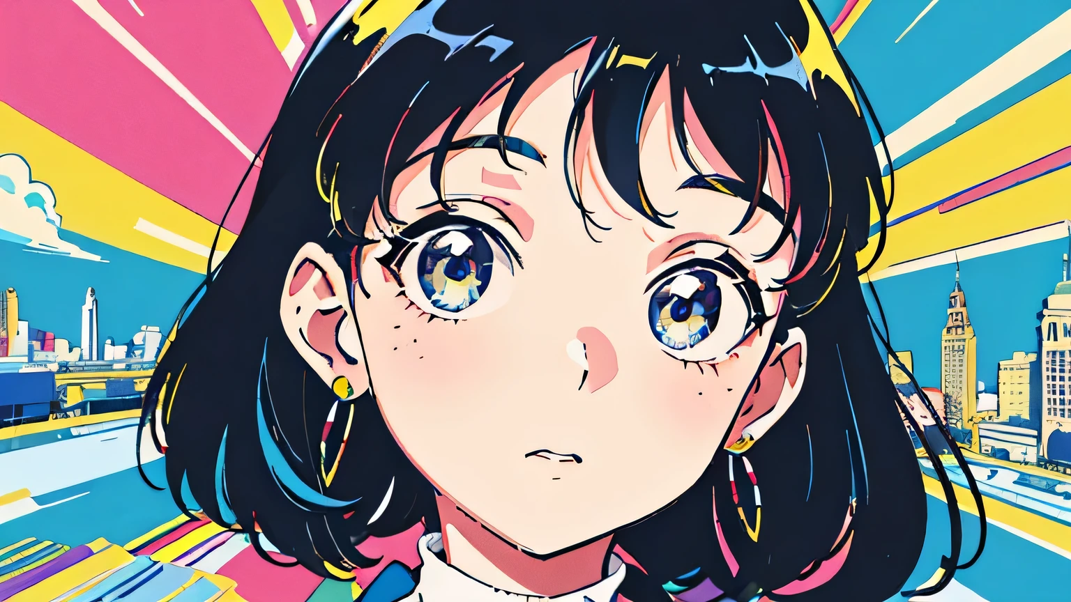 (flat color:0.9),(colorful:1.1),(masterpiece:1,2),retro,city pop, best quality, masterpiece, highres, original, extremely detailed wallpaper, looking at viewer,,,1girl,solo,Girl,Portrait