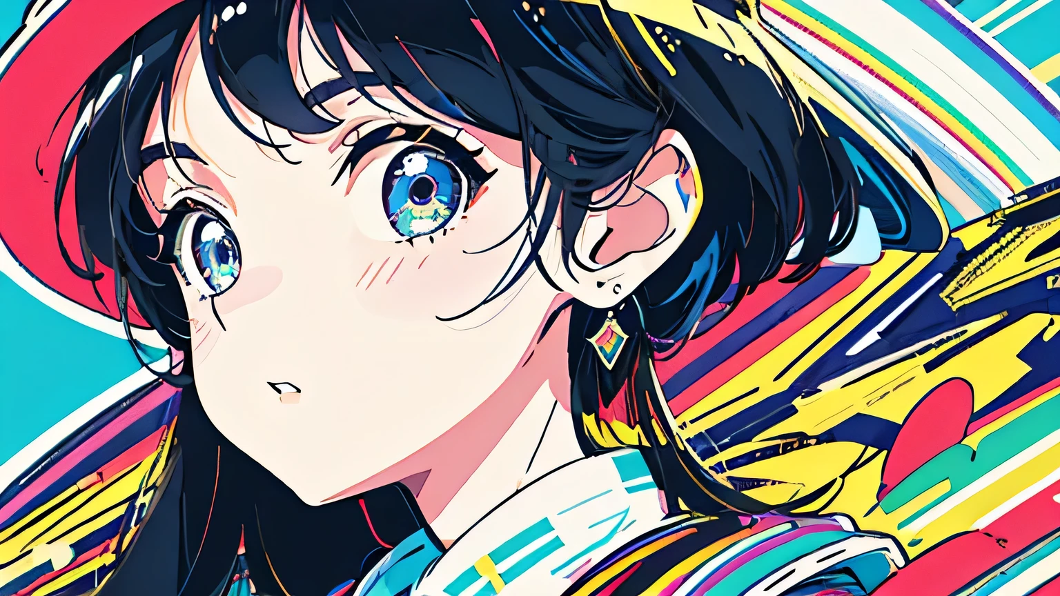 (flat color:0.9),(colorful:1.1),(masterpiece:1,2),retro,city pop, best quality, masterpiece, highres, original, extremely detailed wallpaper, looking at viewer,,,1girl,solo,Girl,Portrait