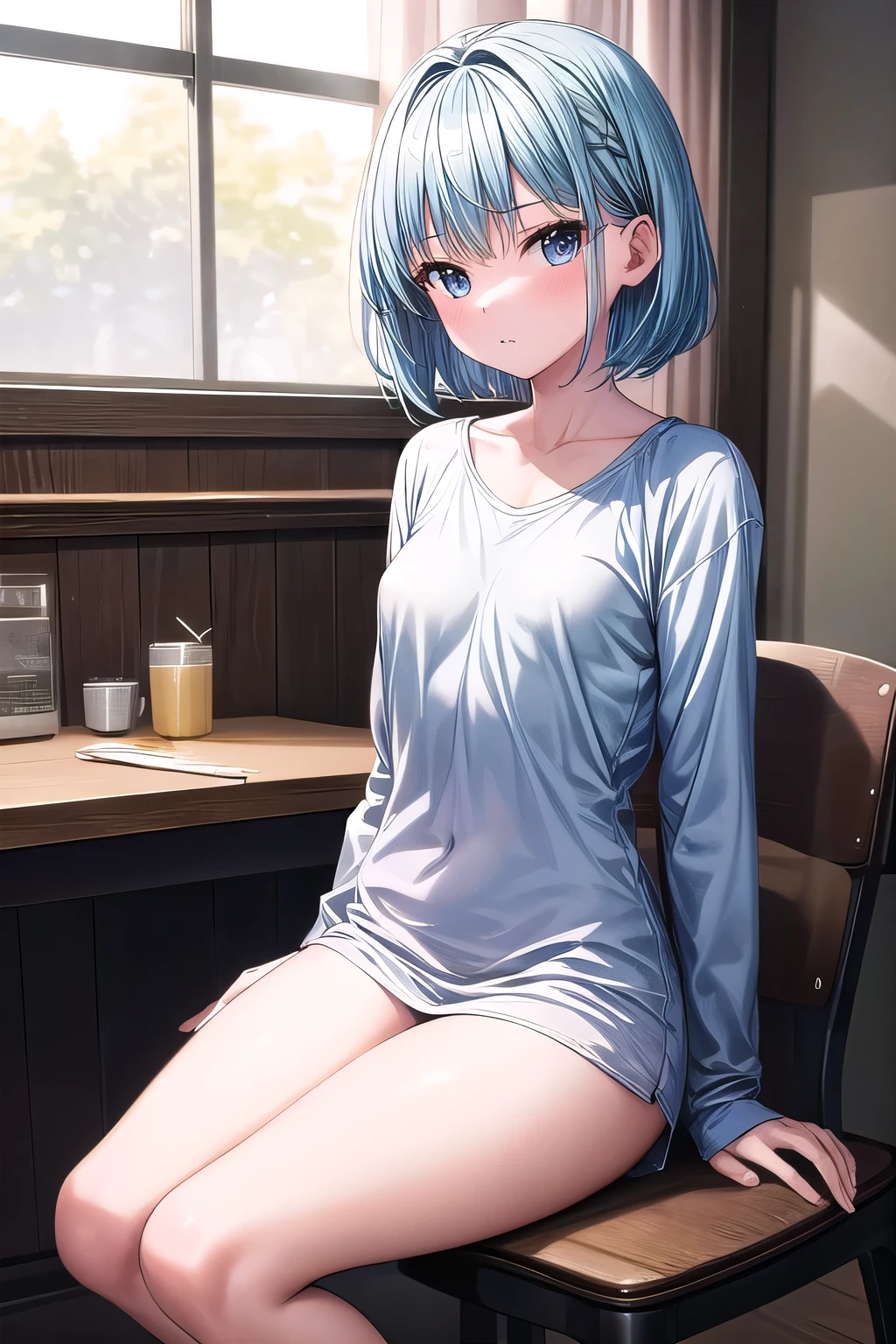 1girl, solo,full body, (masterpiece, best quality:1.2), 1girl,  Ayanami Rei, blue hair, naked_shirt,standing,in bedroom