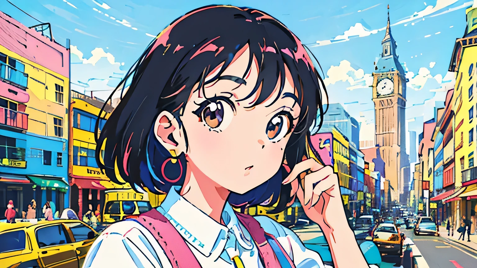 (flat color:0.9),(colorful:1.1),(masterpiece:1,2),retro,city pop, best quality, masterpiece, highres, original, extremely detailed wallpaper, looking at viewer,,,1girl,solo,Girl,Portrait