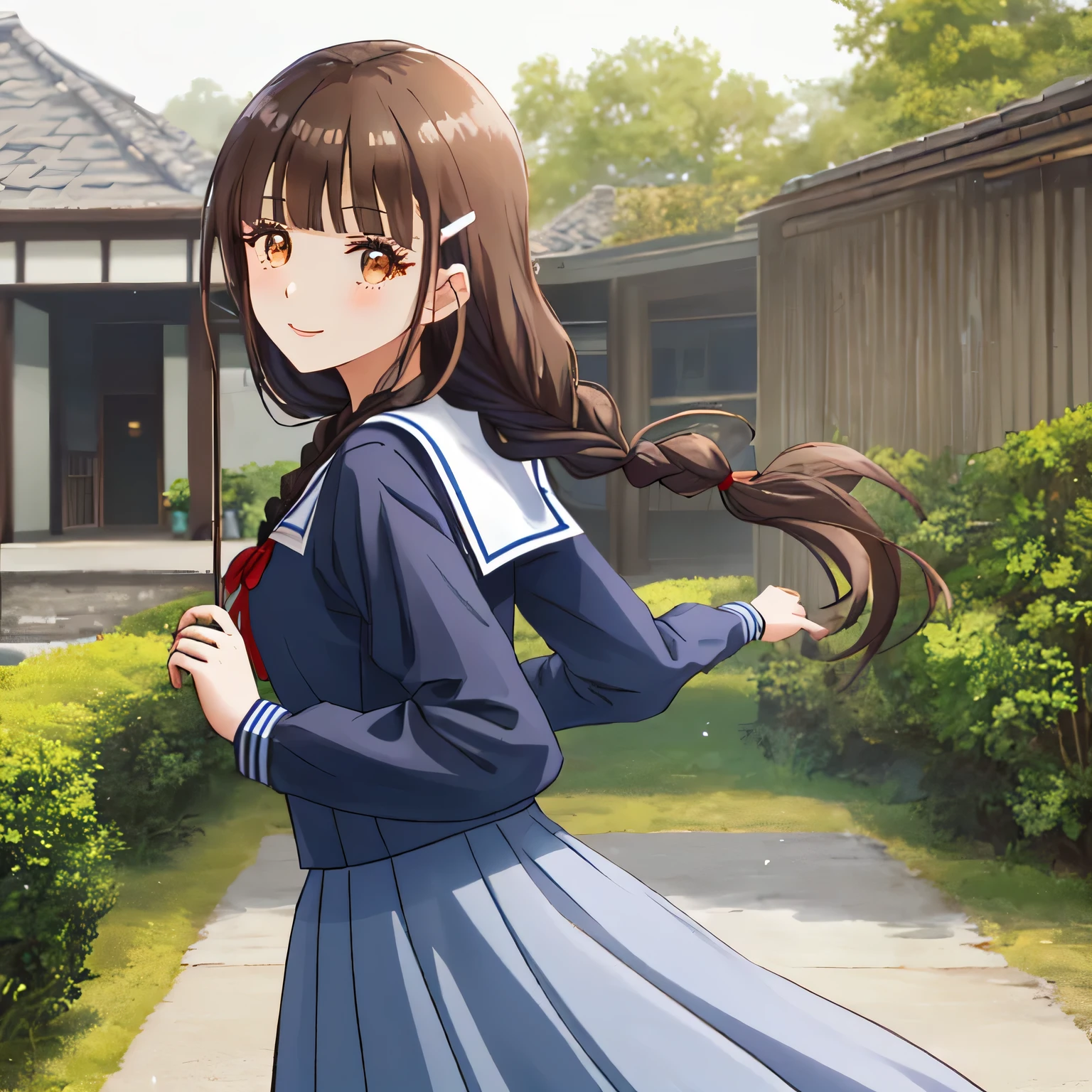 highest quality, (masterpiece:1.2), very detailed, girl looking back at viewer, Glossy lips that make you want to kiss, nice smile, brown eyes, ((dark brown symmetrical braids)), ((Twin braided hair)) , , big shiny hair clip, sailor suit, 紺色のsailor suit, ((The long-sleeved shirt is navy blue..)), The skirt is also dark blue, (((sailor suitの上下は光沢のある紺色です)))., middle long skirt, ((red big shiny school ribbon tie.)), laughter、bright look、Both face and hair catch the light and shine, I'I'm very happy, The expression of a cute maiden in love, beautiful long skirt fabric., cute expression, double eyelid, ((long eyelashes and long lower eyelashes)), pure white background, The wind is blowing, Photographed from behind diagonally
