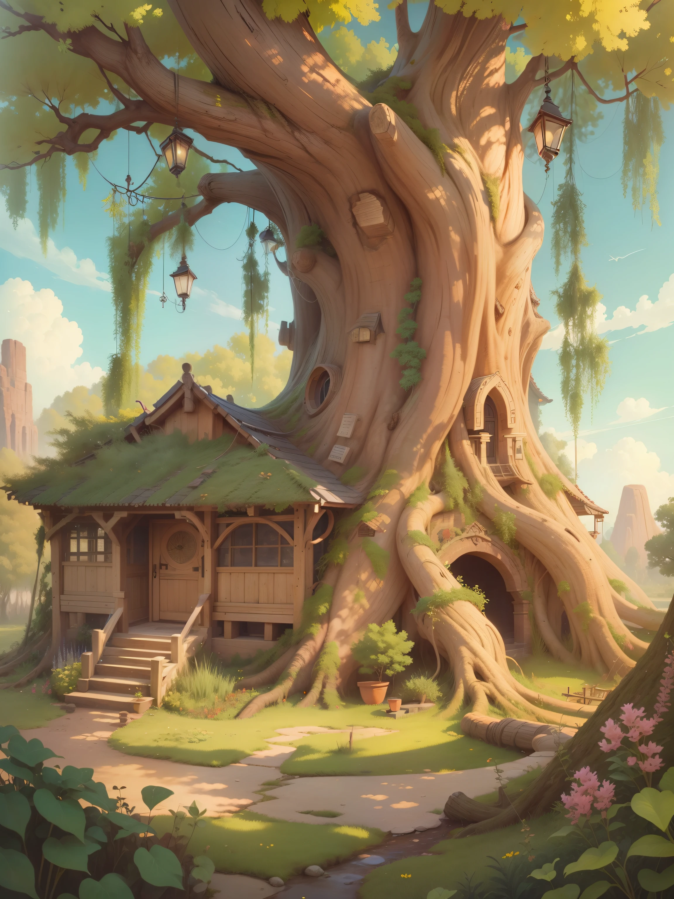 cartoon illustration,The willow tree is placed in the upper center of the picture,Highlight willow tree,Have a macro perspective