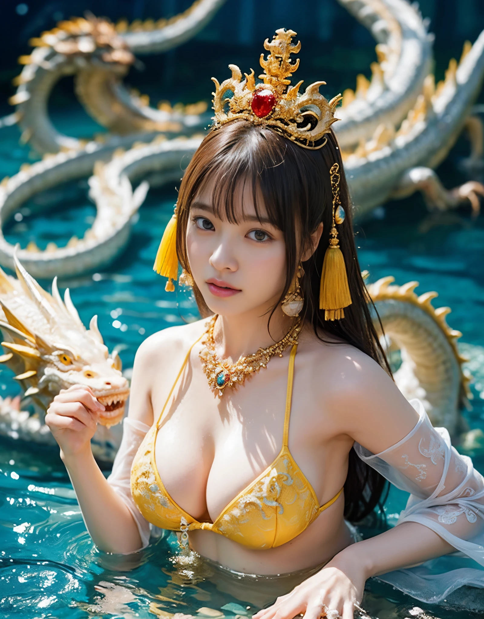 (very heavy chest)、highest quality、masterpiece、ultra high resolution、(ice dragon armor)、(((Metal製))),(((big breasts)))、(((Yellow Micro Bikini))),(she wears a beautiful crown made of precious stones.),(Photoreal:1.4)、RAW photo、1 girl、(((random hair))、(((color々take a pose)))、glowing skin、(((water chinese dragon)))、intricate and gorgeous hair ornaments、(looks like a gorgeous necklace)、(someone who looks at you calmly, Eyes like a goddess.)happiness:1.2).((beautiful sea background))、cliff、(ruins background)、((Ultra realistic details))、portrait、global illumination、(sexy pose)、Shadow、octane rendering、16k、big breasts、Raw skin exposed in the cleavage、Metal、intricate decorative details、Japan details、very intricate details、realistic light、CG Society Trenlow Eyes、Eyes shining towards the camera、()、(((heavy big))),Shining eyes shine、armpit、24k,Ice Effect、It's snowing、