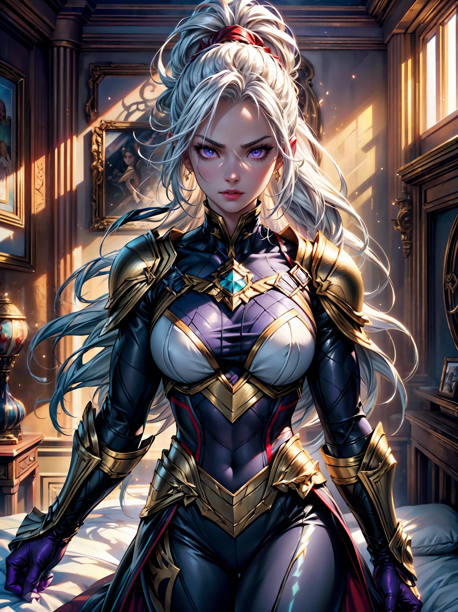  strong muscular woman, long blonde white hair, standing, silk and gold armor, fantasy style bedroom, red curtaind white bed, daylight, silver hair, wavy hair, split ponytail, hood, eye reflection, gradient eyes, aqua eyes, sparkling eyes, purple eyes, red lips, excited, ray tracing, cinematic lighting, character chart, Ultra-Wide Angle, 8k, highres, award winning, high details, super detail, best quality, textured skin, anatomically correct