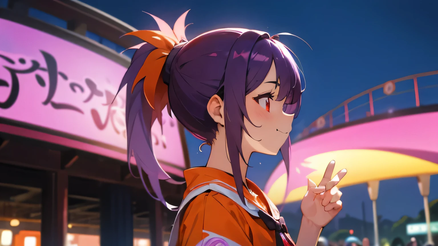 1 girl、Orange purple、profile、purple hair、ponytail、Beautiful red eyes、smile、laughter、theme park、shrimp mascot、upper body up
