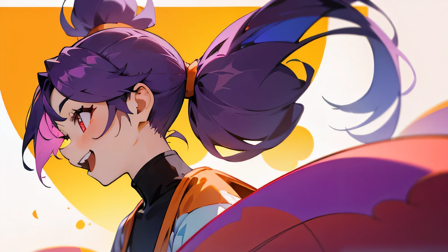 1 girl、Orange purple、profile、purple hair、ponytail、Beautiful red eyes、smile、laughter、theme park、shrimp mascot、upper body up