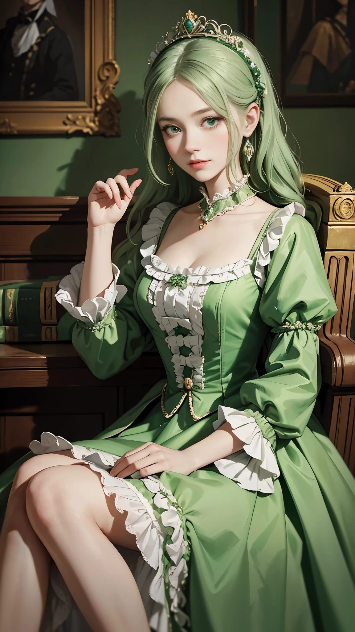a woman in a green dress sitting on a set of stairs, dress in the style of rococo, historical baroque dress, rococo queen, 1 7 th century duchess, by Nina Petrovna Valetova, inspired by Franz Xaver Winterhalter, inspired by Jean-Marc Nattier, aristocratic clothing, # rococo