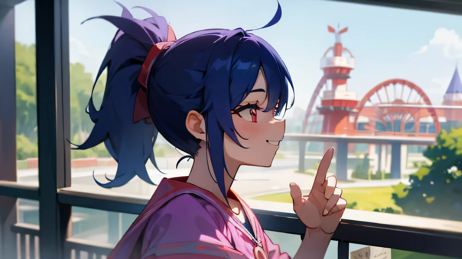 1 girl、blue purple、profile、blue hair、ponytail、Beautiful red eyes、smile、laughter、theme park、shrimp mascot、upper body up