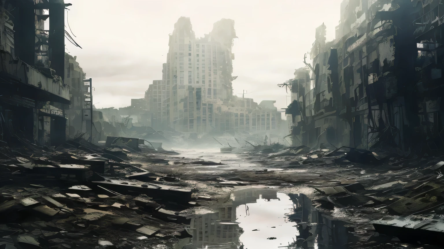 beautiful cityscape，There is a pool in the middle, in a post apocalyptic city, 戶外cityscape destroyed, destroyed city in background, post - apocalyptic city, dystopian wasteland, cityscape destroyed, in a dilapidated urban landscape, destroyed city, post - apocalyptic city streets, An abandoned dystopian city, apocalyptic city, post apocalyptic city, Dystopian sci-fi apocalypse, Bleak apocalyptic environment