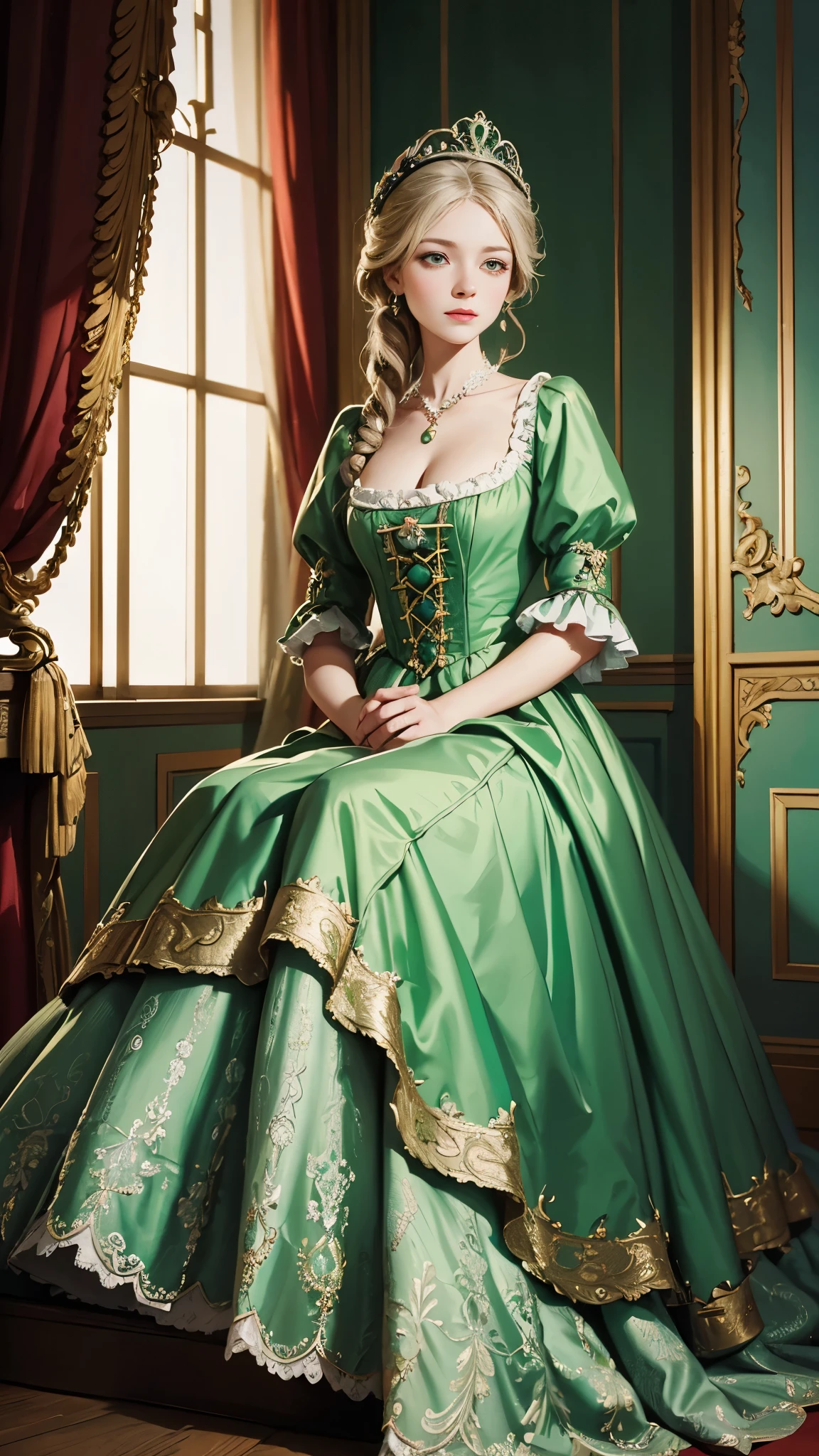 a woman in a green dress sitting on a set of stairs, a portrait by Nina Petrovna Valetova, flickr, rococo, dress in the style of rococo, historical baroque dress, rococo queen, 1 7 th century duchess, aristocratic clothing, # rococo, georgian dress amazing fabric, marie antoinette, rococo dress