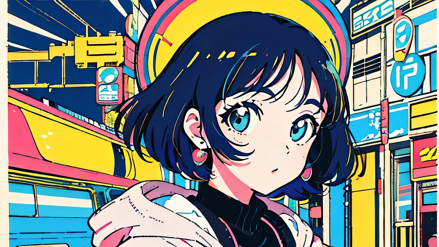(flat color:0.9),(colorful:1.1),(masterpiece:1,2),retro,city pop, best quality, masterpiece, highres, original, extremely detailed wallpaper, looking at viewer,,,1girl,solo,Girl,Portrait