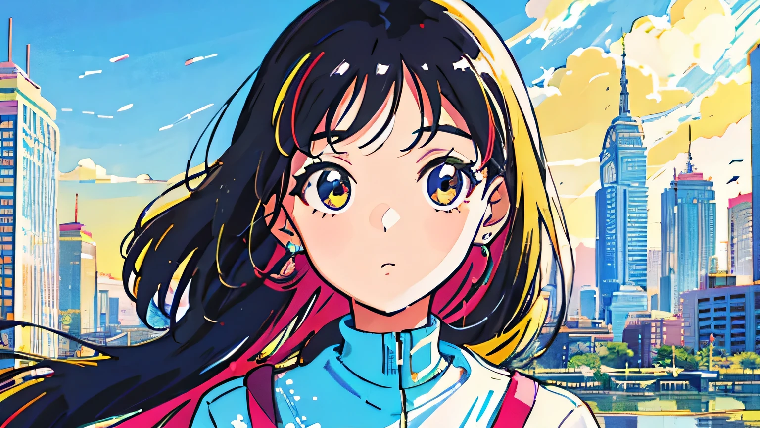 (masterpiece),(best quality:1.0), (ultra highres:1.0), detailed illustration, 8k, anime, 1girl, beautiful anime girl, wearing a pink dress, earrings , intricate details, black eyes, detailed eyes, pink eyeshadow, black hair, detailed hair detailed, highlights on hair, smiling, matte lipstick, perfect lips, beach, sunny, clear sky, clouds anime style, best quality, detailed