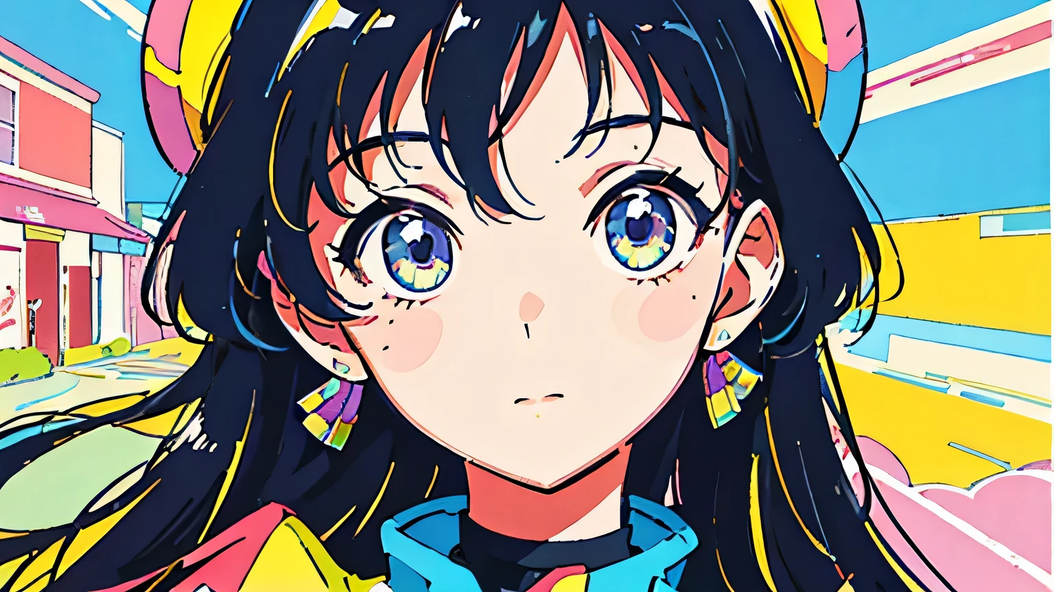 (flat color:0.9),(colorful:1.1),(masterpiece:1,2),retro,city pop, best quality, masterpiece, highres, original, extremely detailed wallpaper, looking at viewer,,,1girl,solo,Girl,Portrait