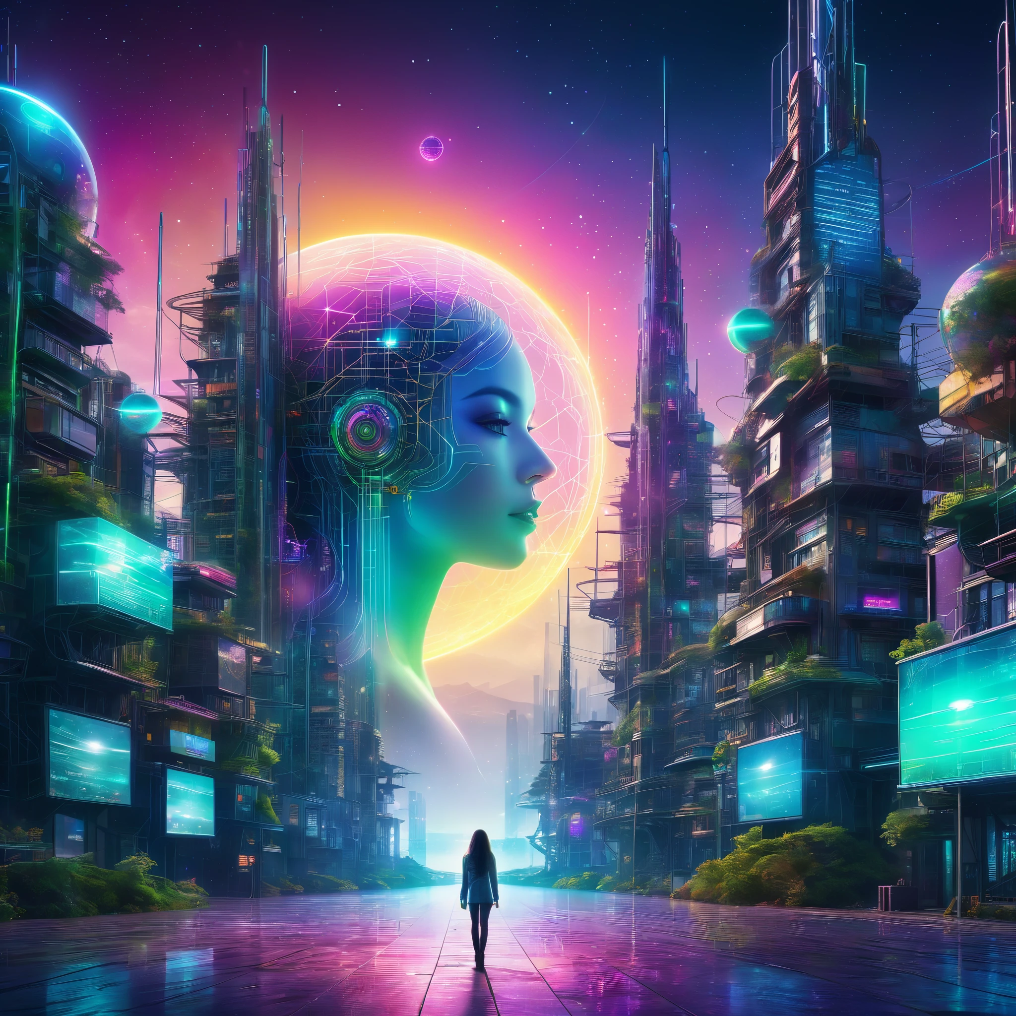 Full height frontal body shot of a woman with a neural network connected to a city of the future, neon multi colours, matrix style. HD, 8k, hyperrealistic, abandoned city. Highly detailed illustration of a hidden world inside planet earth, atmosphere, futuristic city and spaceship in the background, holographic shimmer, whimsical lighting, futuristic ambiance, soft textures, imaginative artwork, ethereal glow, silent Luminescence, whispering Silent, iridescent Encounter, vibrant background, by Skyrn99, rule of thirds, high quality, high detail, high resolution, bokeh, backlight, long exposure.