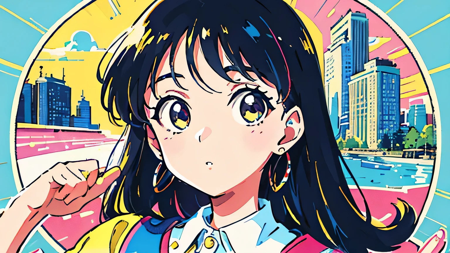 (flat color:0.9),(colorful:1.1),(masterpiece:1,2),retro,city pop, best quality, masterpiece, highres, original, extremely detailed wallpaper, looking at viewer,,,1girl,solo,Girl,Portrait
