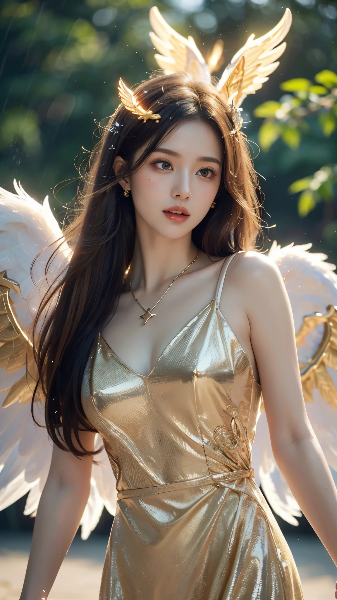 8k ultra hd, masterpiece, a girl, (good face:1.4), detailed, eyes, beautiful lips, very long hair, spreading hair, small breasts, (angel dress:1.5), (golden dress:1.5), necklace, wings, in the park, flying birds, (glowing:1.5), rainy weather,