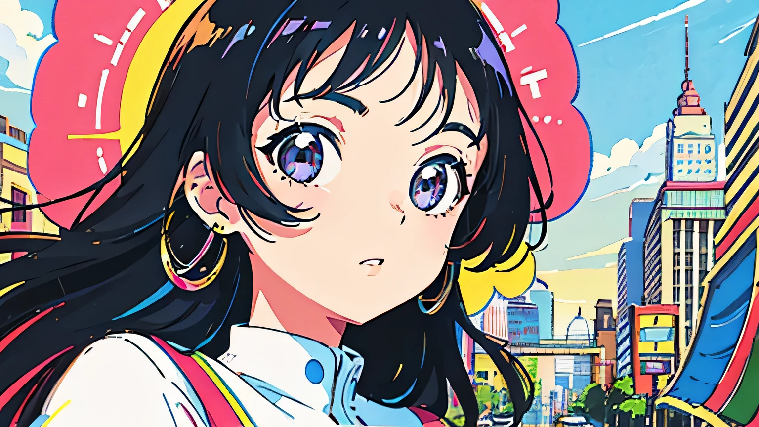 (flat color:0.9),(colorful:1.1),(masterpiece:1,2),retro,city pop, best quality, masterpiece, highres, original, extremely detailed wallpaper, looking at viewer,,,1girl,solo,Girl,Portrait