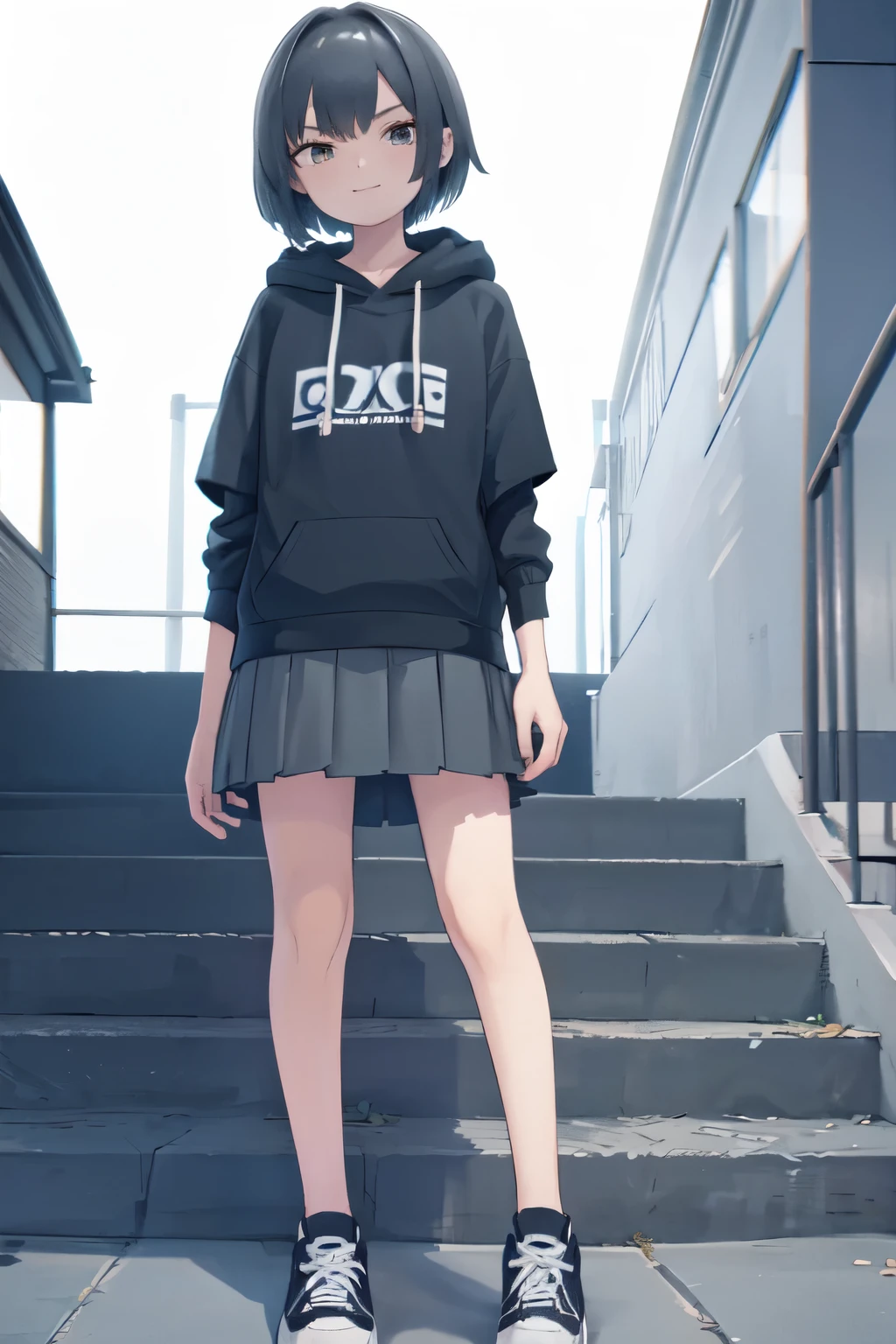 (In 8K, Best Quality, Master Piece: 1.2),Ultra High Resolution,11 year old beautiful girl,Ultra High Resolution, detailed eyes,Tsurime Eyes,(smirk),Oversized dark gray short sleeve hoodie(dark gray:1.4),（navy pleated skirt）,white socks、sneakers、whole body、black hair、short hair,holds a little (knife)、(standing straight on the stairs of the apartment complex),solo,Japan Park