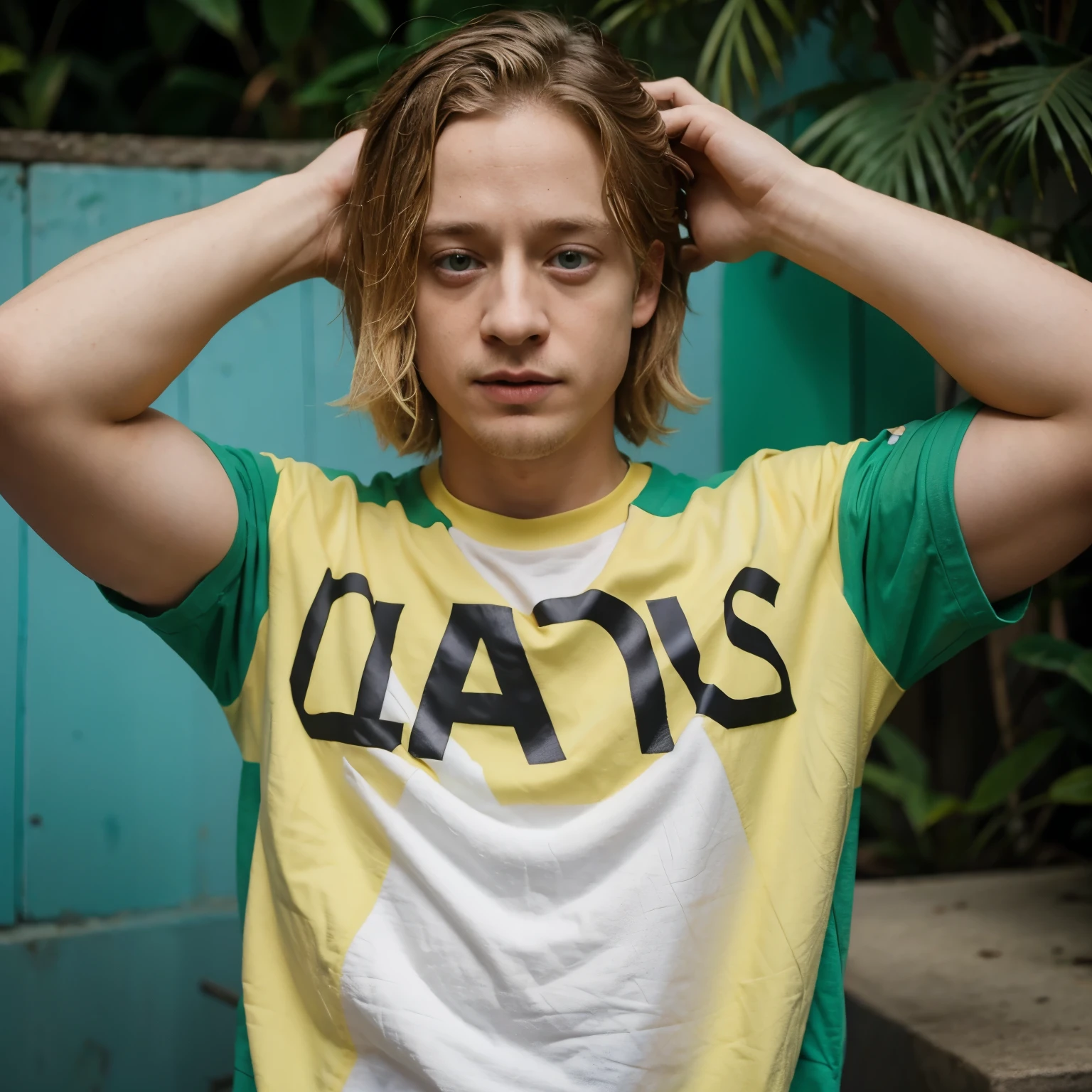 Macaulay Culkin com camisa do Brasil 