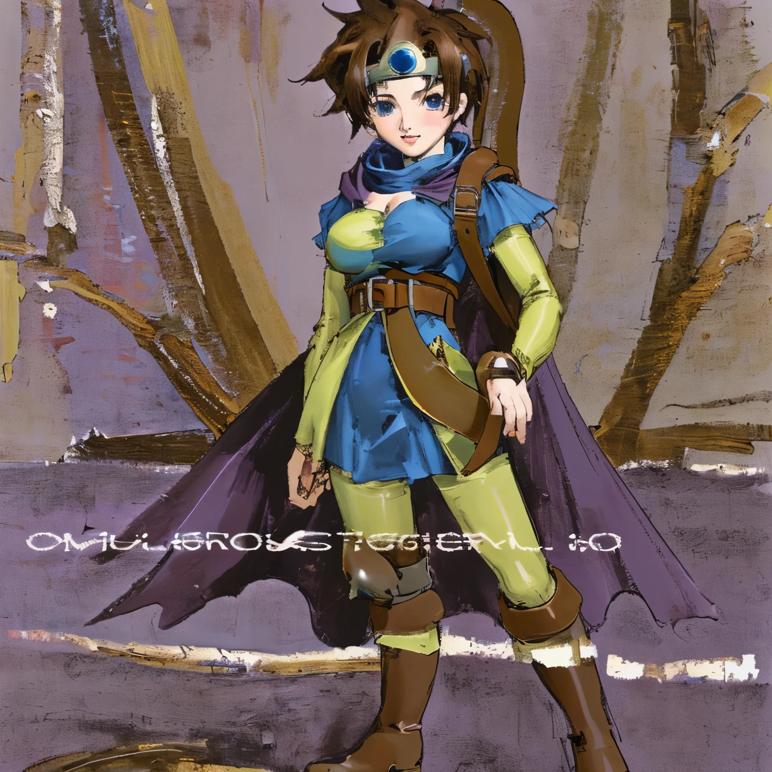 (((highest quality: 1.4))),(an unparalleled masterpiece), (ultra high resolution),(Ultra-realistic 8k CG),official art, (背中のsheathに収められた武器:1.2), internal (DQ3), 1 girl, alone, short hair, brown hair, blue eyes, circlet, big breasts, cleavage, strapless, blue clothes, purple cloak, Thigh high, elbow bag, boots, belt, sheath,, knee boots, in the dark forest,