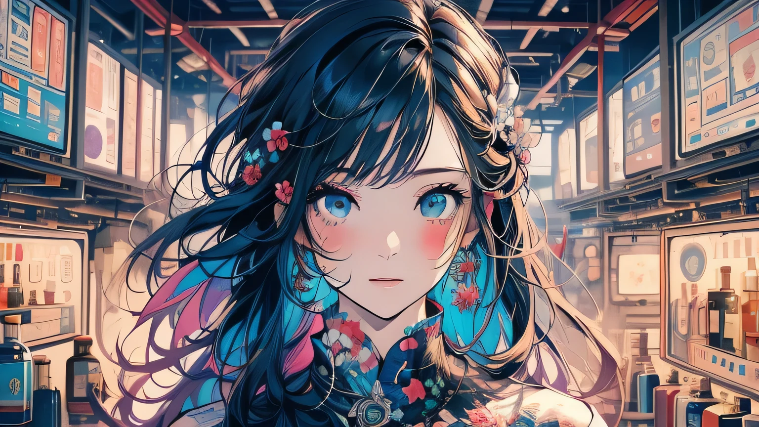 (masterpiece, top quality, best quality, official art, beautiful and aesthetic:1.2), (1girl:1.3), extreme detailed,colorful,highest detailed, glitch art, (digital distortion), pixelated fragments, data corruption,colorful noise, visual chaos,contemporary aesthetics