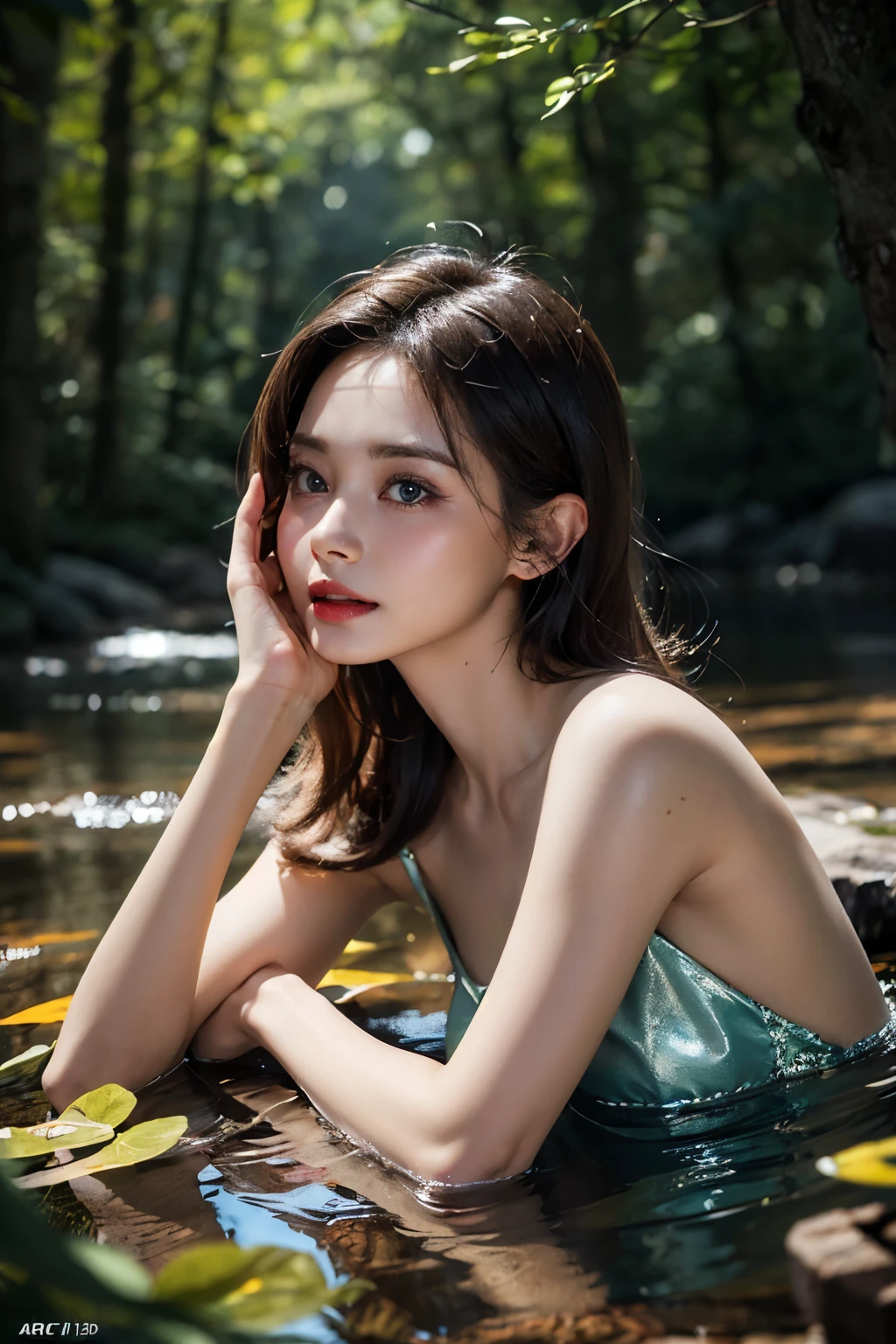"({{1girl:1.1}} {{straight black hair:1.2}}), (artistic + masterpiece:1.4), (incredibly detailed eyes), brown skin, wearing medieval clothes)", Female, Drenched hair,The background is a hot spring,Lazy expression, Masterpiece: 1.3), (8k, Photorealistic, Photo RAW, Best quality: 1.4), (UHD), (Ultra high realism), (Ultra high definition), (Ultra high detail), (Increase contrast), (Increase saturation), (((1girl:1.3))), An elven woman, with a perfect figure: 1.4, Cute face, Beautiful face, (Realistic face), Beautiful hairstyle, Realistic bright amber eyes, Beautiful details, (Realistic skin), Pale, smooth and luminous skin with iridescent shine and no imperfections, Ultra high definition, Ultra realistic, Highly detailed, (Cleavage: 0.8),in forest she lying in the lake, (masterpiece, best quality, award winning, highres), 1 beautiful female, tall, skinny, silver hair, intricate and beautiful design, highly detailed beautiful face, super detailed beautiful eyes, light smile, sitting near stream, forest, leaves flow, windy, sun lights through forest, fantasy art, dynamic lighting, cinematic lighting, hyper realistic, extremely CG detail, octane render