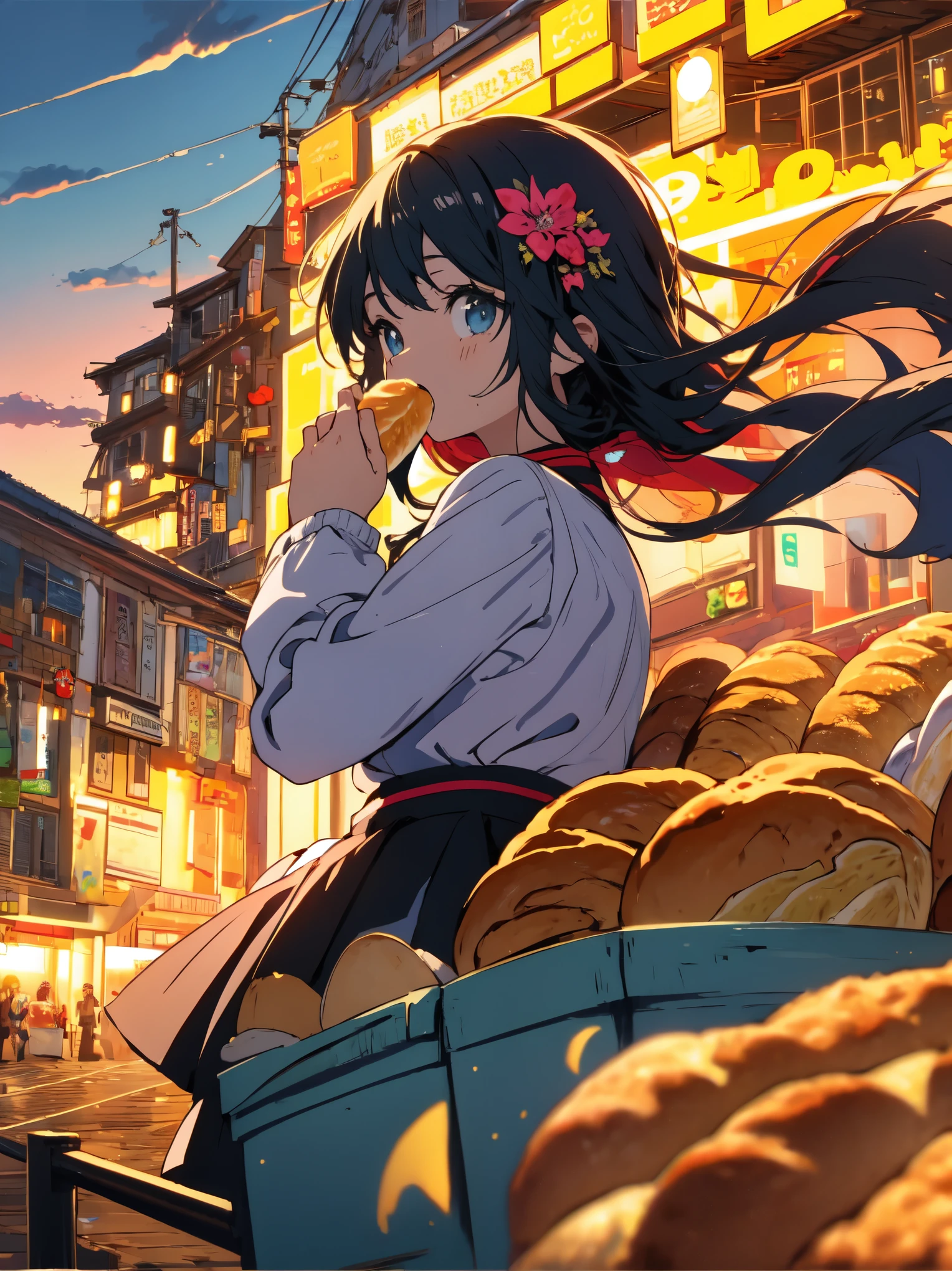 (highest quality、masterpiece、detailed)、(1 cute girl)、A girl dreams of eating a lot of bread、Healing、daily life、Pop anime