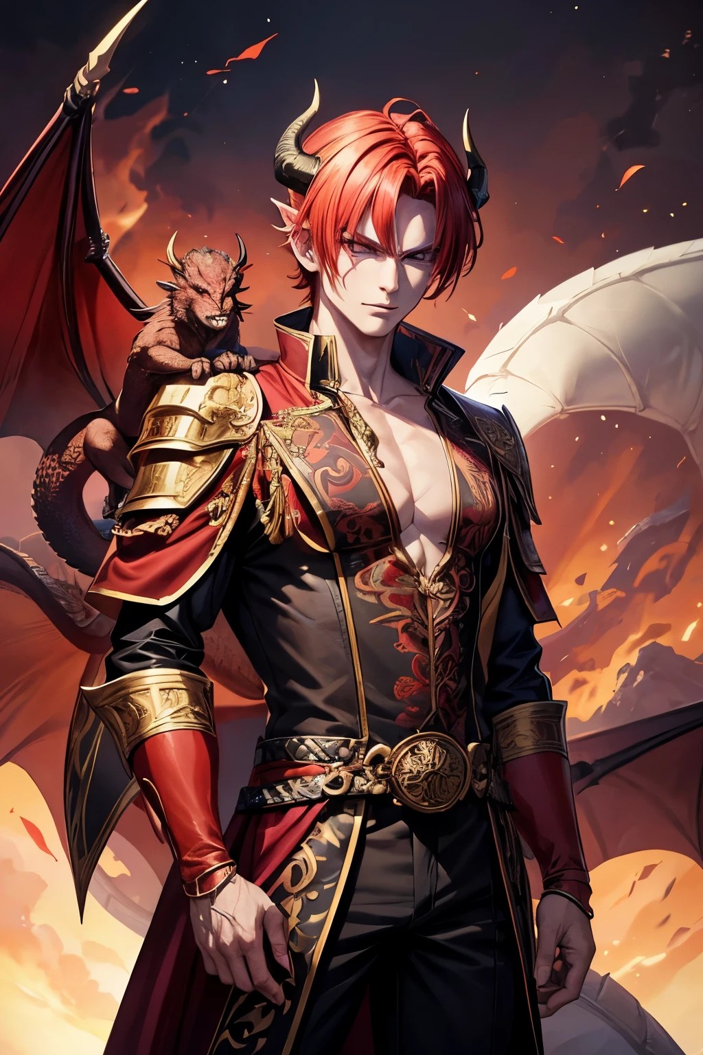a man with a dragon on his shoulder,red hair, Maccarone eyes, horns, handsome guy in demon slayer art, beautiful androgynous prince, human and dragon fusion, beautiful japanese demon girl, delicate androgynous prince, two big dragon in background