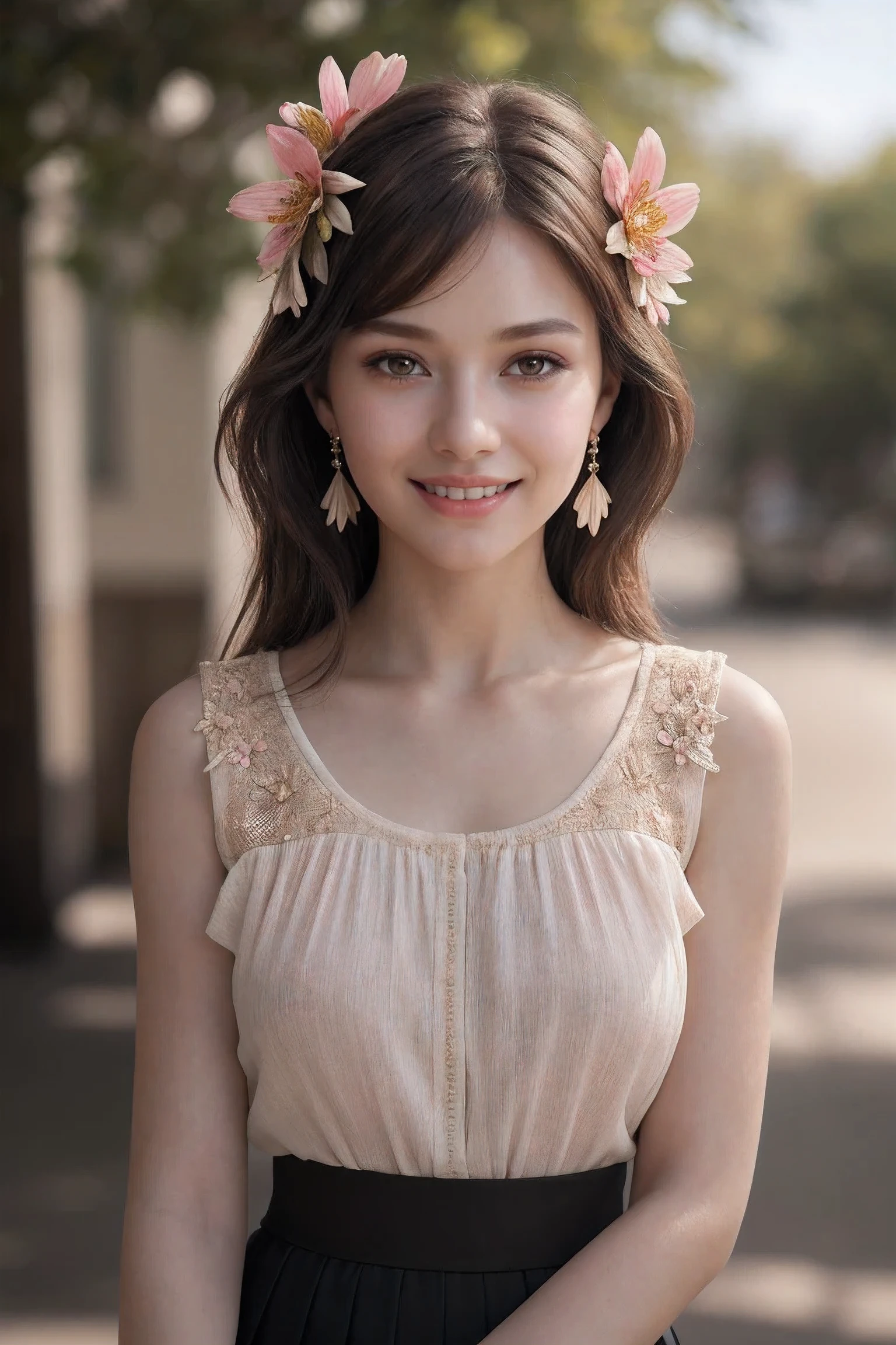1 girl, (Smile), Photography Art, brown eyes, brown hair, earrings, flower, hair flower, hair accessories, jewelry, lips, cosmetics, skirt, alone, Stunning photos of beautiful saturation, ultra high resolution,(actual:1.4)),深shadow,(best quality, masterpiece), pale skin, dim, shadow, Panicked, blush, Very detailed, ((Upper body:0.8)), skinny, BREAK depth of field, film grain, wrinkled skin, looking at the audience, knee, warm Smile, (masterpiece,best quality:1.5) masterpiece,ultra actual,32k,Extremely detailed CG unified 8k wallpaper, best quality, (Upper body:1.2)