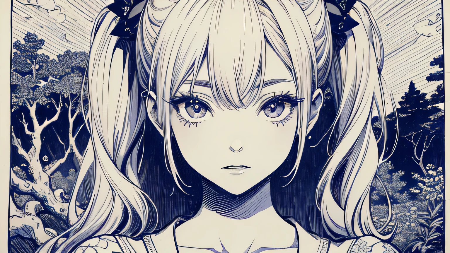 (by Yuko Higuchi:1.4)，Higuchi Yuko,(by Yoh:1.2),(masterpiece,best quality,official art,beauty and aesthetics:1.2),(ultra-detailed),finely detail,best illustration,hand drawn high quality,(High contrast),(clean lines:1.3),(lineart),line drawing,(Intricate lines),ligne claire,fractal art,pen drawing,ukiyo-e style,(portrait,above the chest,extremely close-up:1.1),zombie girl,,(she is surrounded by dead trees:1.1),big eyes,(wavy air,Pigtails),Corpse Bride,Wraparound composition,flat chest,mysterious night,(Intricate details),(detailed background:1.2),(colorful),High Resolution