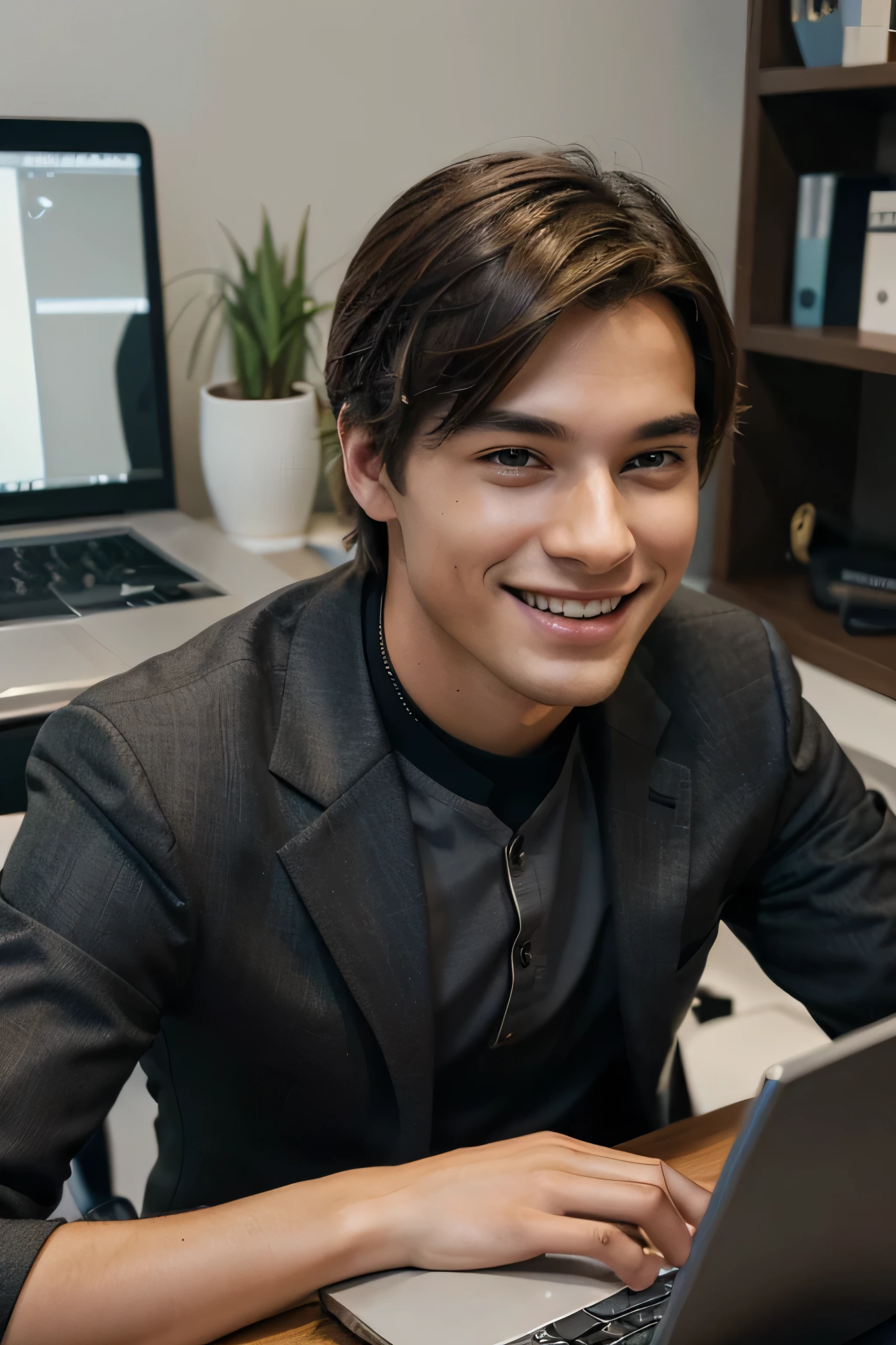 Create a high-quality image depicting a stylish young man at a modern office desk, sorrindo enquanto interage com seu laptop. Certifique-se de que o jovem tenha os dois olhos, and emphasize the beauty of your hands. Destaque detalhes meticulosos no dispositivo e no ambiente, suggesting an era of rapid rise of AI and technological advancements, with vibrant colors reflecting innovation.