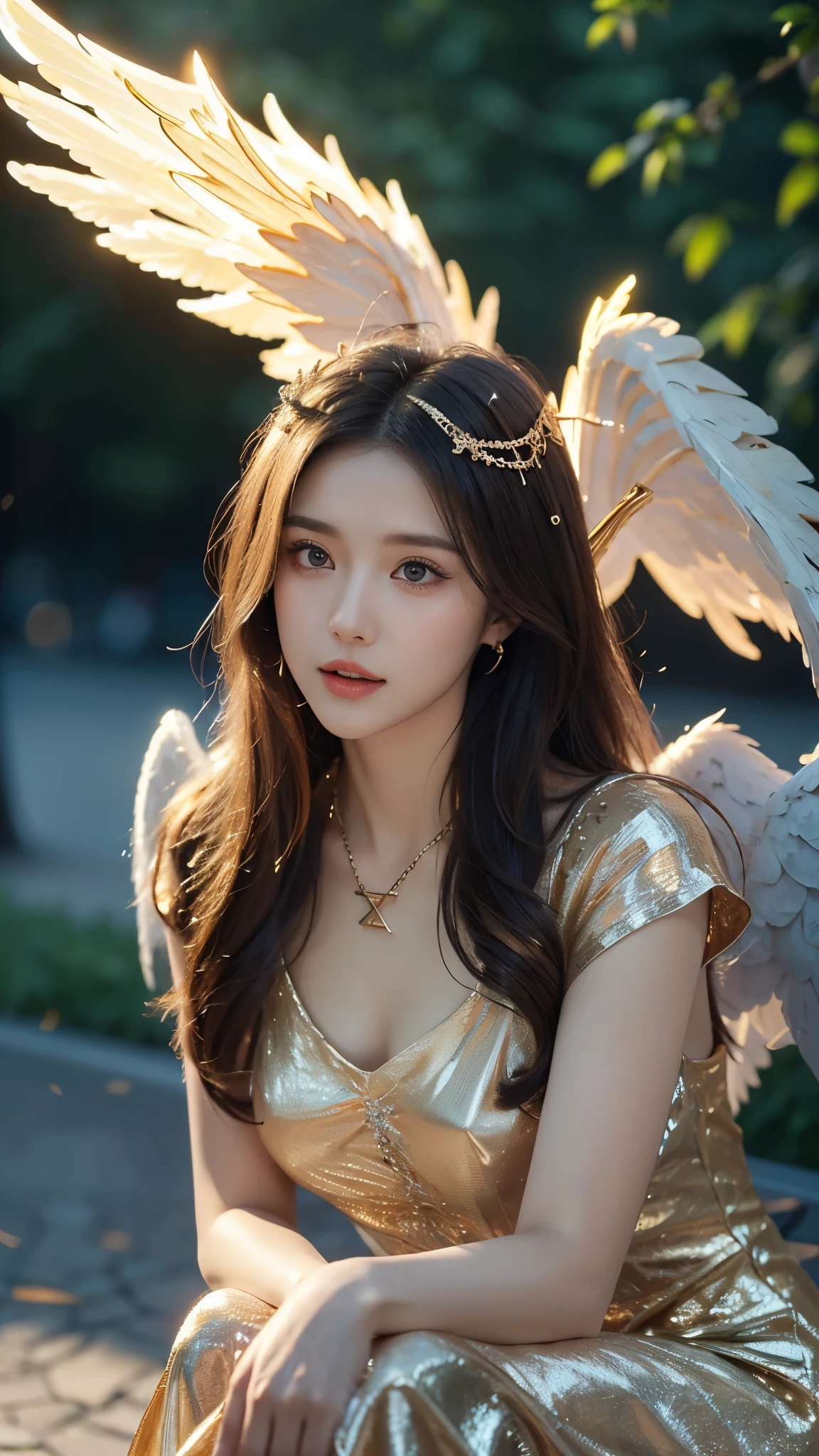 8k ultra hd, masterpiece, a girl, (good face:1.4), detailed, eyes, beautiful lips, very long hair, spreading hair, small breasts, (angel dress:1.5), (golden dress:1.5), necklace, wings, in the park, flying birds, (glowing:1.5), rainy weather, sitting,