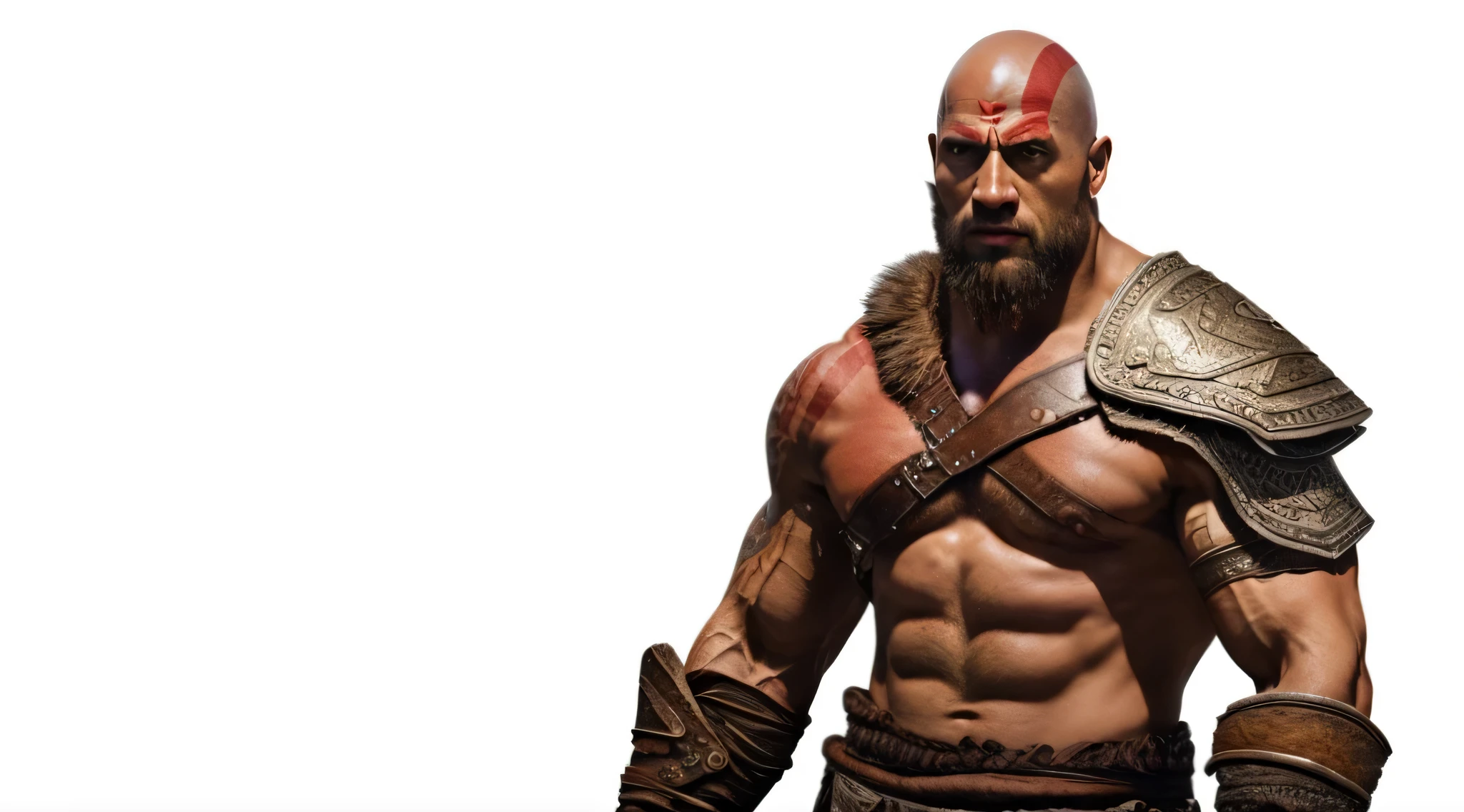 a man with a beard and a beard in a costume, dwayne johnson as kratos, dwayne johnson as god of war, kratos, portrait of kratos, god of war 2 0 1 8, sam hyde in god of war 4, god of war, film still from god of war, emma watson as kratos, muscular character, technoviking male with no shirt