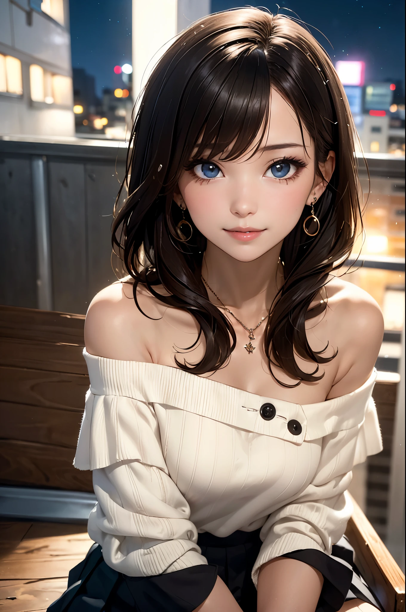 One woman : 1.3, Light brown hair: 1.2, , night: 1.2,In a fashionable bar: 1.1, Cinema Lighting, Ultra-high resolution, Accurate, Super detailed, Textured skin, High detail, highest quality, 8k,Thin bangs,Upper Body,Thick body, Well-drawn eyes,Fashionable shirts,Detailed hair depiction,Detailed depiction of eyes,Detailed depiction of hair、