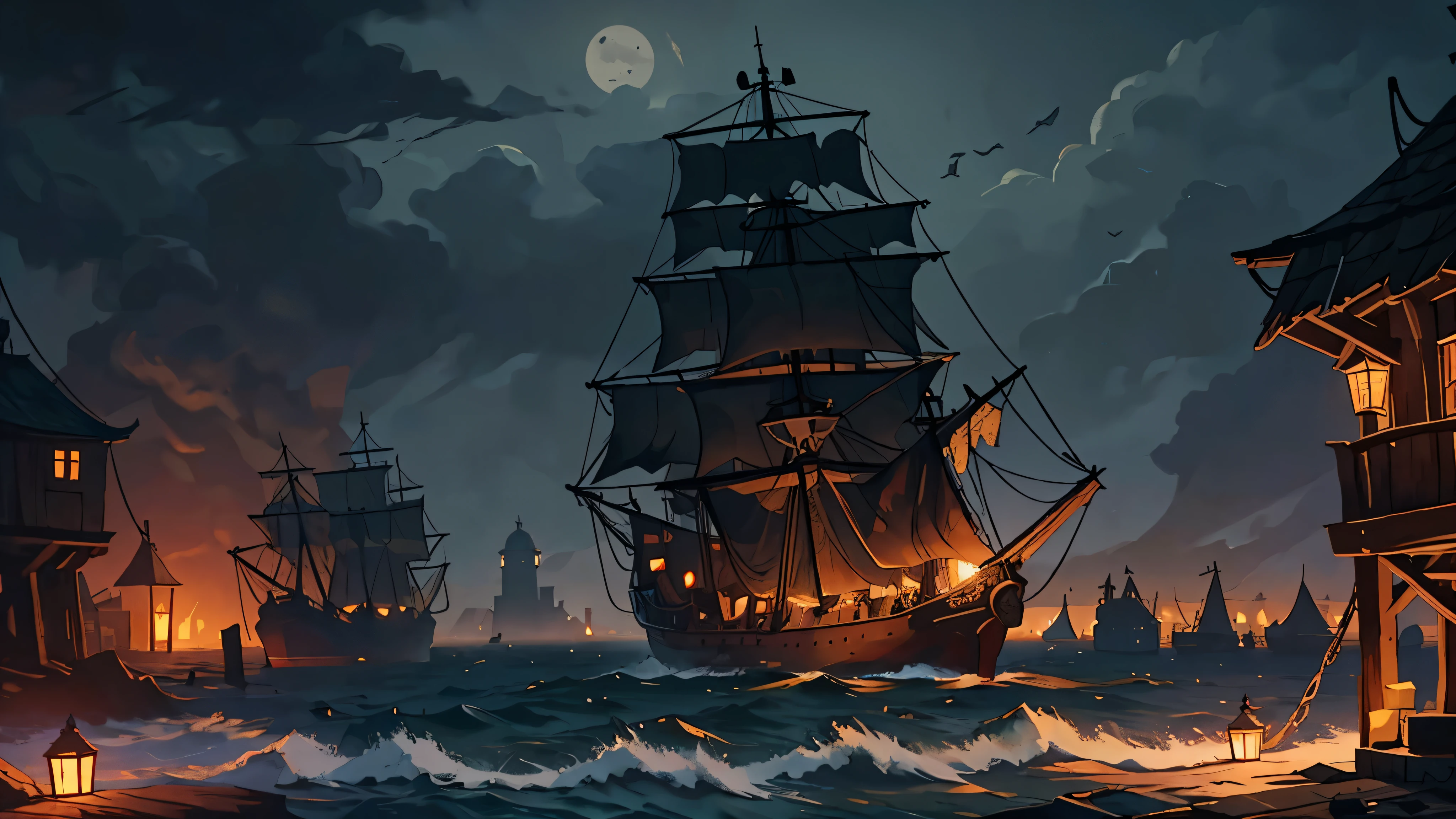 young knight in a port of vessels with several pirate ships port and lighthouse of a medieval city with several wooden houses on the coast a gloomy desert environment with dark dark reddish colors a continent suffering from a plague, Dark grey sky with dark black clouds low lighting many shadows A gloomy environment of terror and dark autumn trees A dark and dark environment like medieval Gotham An RPG setting A city on the coast with a harbor full of pirate ships An illustration for medieval RPG Medieval art RPG art A medieval town full of wooden houses medieval village Wooden houses and the sea on the horizon