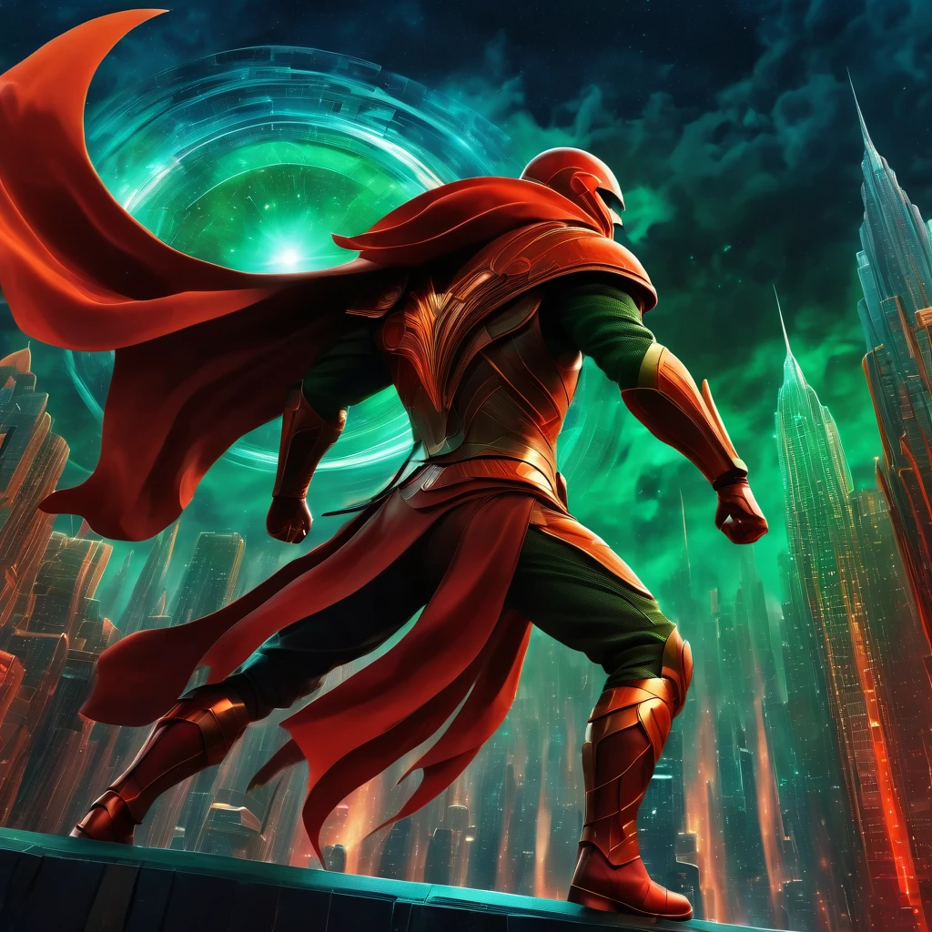 (best quality, highres, ultra sharp), Final Showdown between a heroic warrior and a heroic villain in a intense action, atmospheric perspective in a city inside a infinite battle,, epic action, dark tones of red, brown, orange, green and gray colors, art deco, 3d crunch,