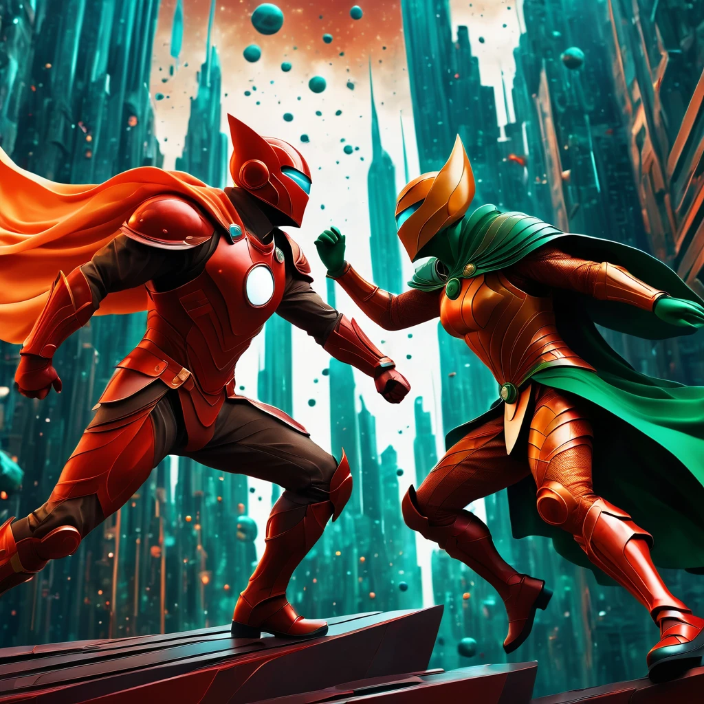 (best quality, highres, ultra sharp), Final Showdown between a heroic warrior and a heroic villain in a intense action, atmospheric perspective in a city inside a infinite battle,, epic action, dark tones of red, brown, orange, green and gray colors, art deco, 3d crunch,