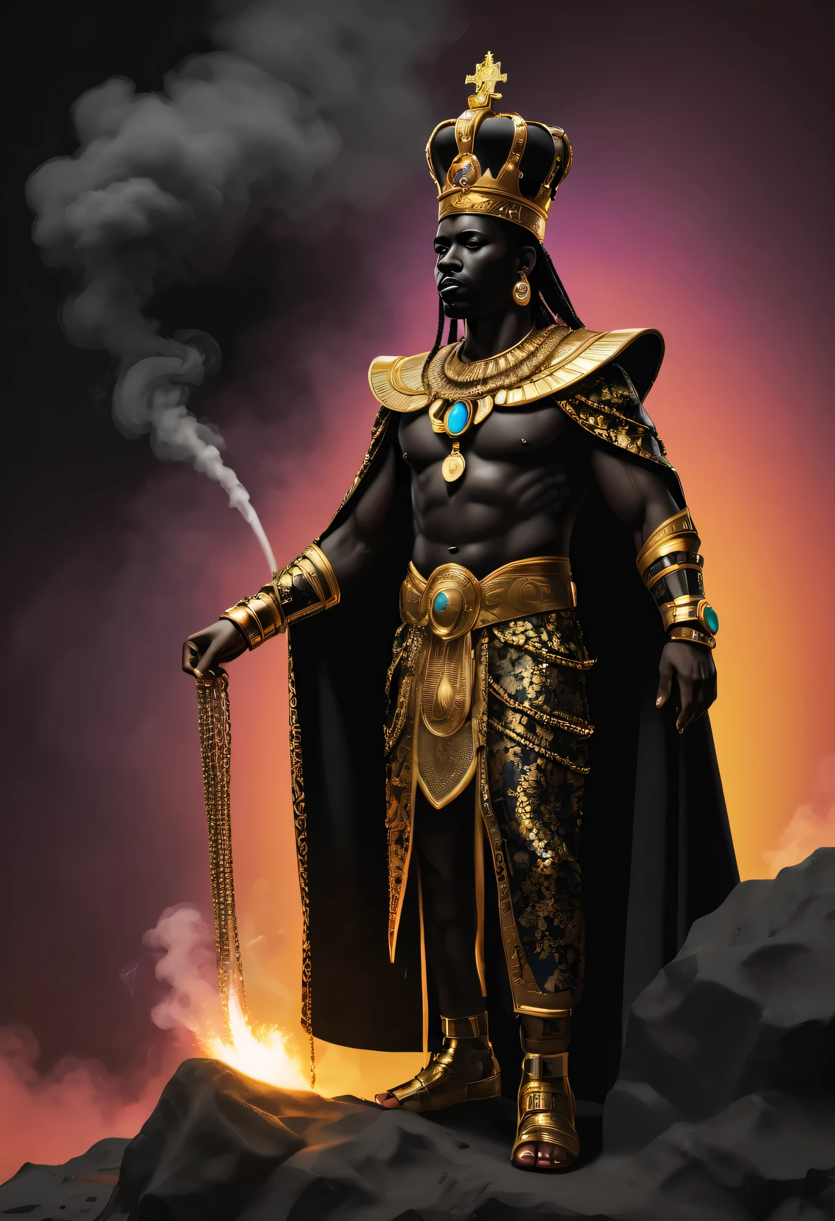 Black kings logo with symmetry of gold chains, un roi noir avec des chaînes en or de fumée à motif africain avec des traits de texture de patron, du Cap-Vert - photo illustration graphique ((Photographie à exposition ultra large)) High quality, Very detailed, points néon d'une belle silhouette colorée, belle silhouette, electronic appliances, comme un PC gris très clair en arrière-plan, par Yukisakura, Very detailed,