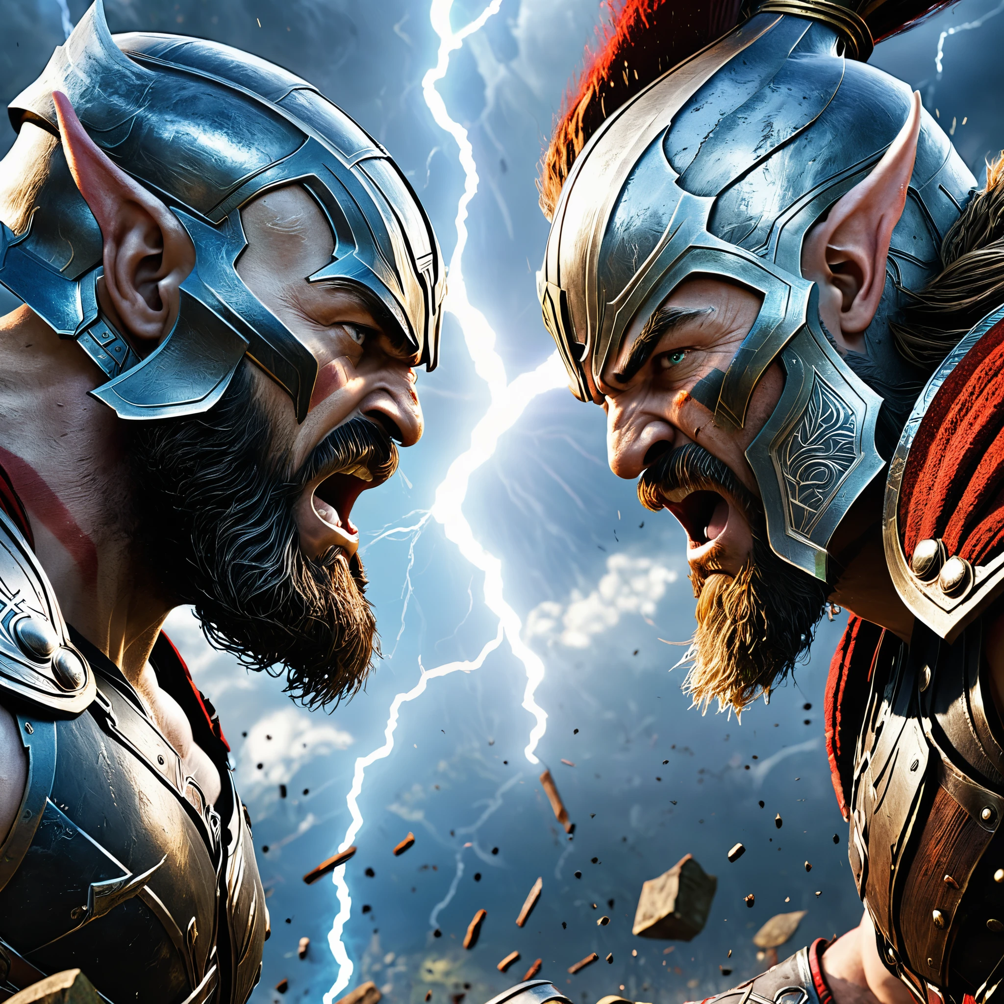 In the epic final showdown between Thor and Kratos, capture the raw power and intensity of their battle in a realistic and detailed rendering. Both gods clash with thunderous might and earth-shattering force, their muscles flexing as they hurl hammer and axe in a breathtaking display of strength and determination.observe the intricacies of their armor, the glint of their weapons, and the expression of their faces as they locked eyes in a primal standoff.