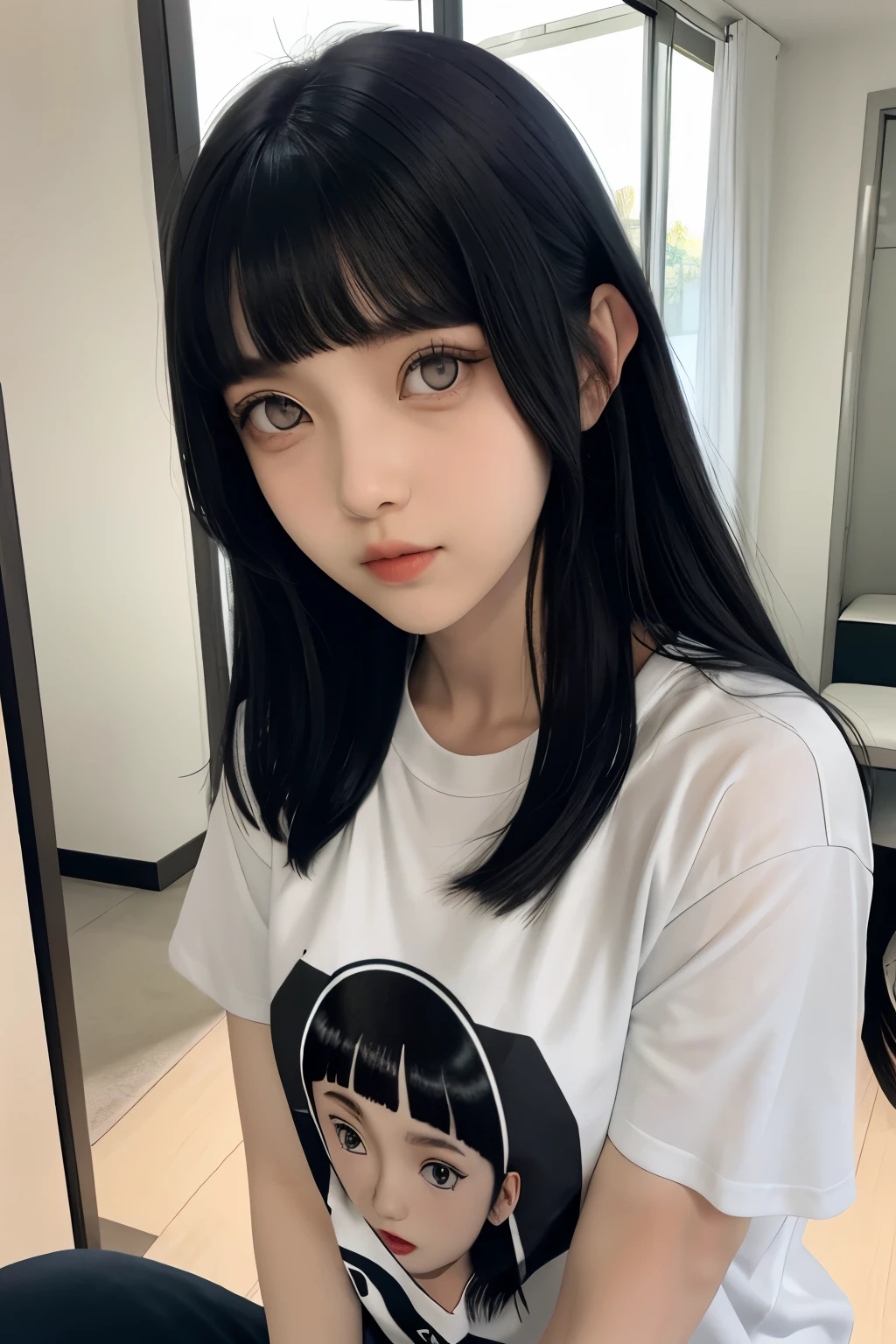 Hinata Hyuuga usando camiseta branca e saia preta, postura (joelhos dobrados e pernas abertas), Frente