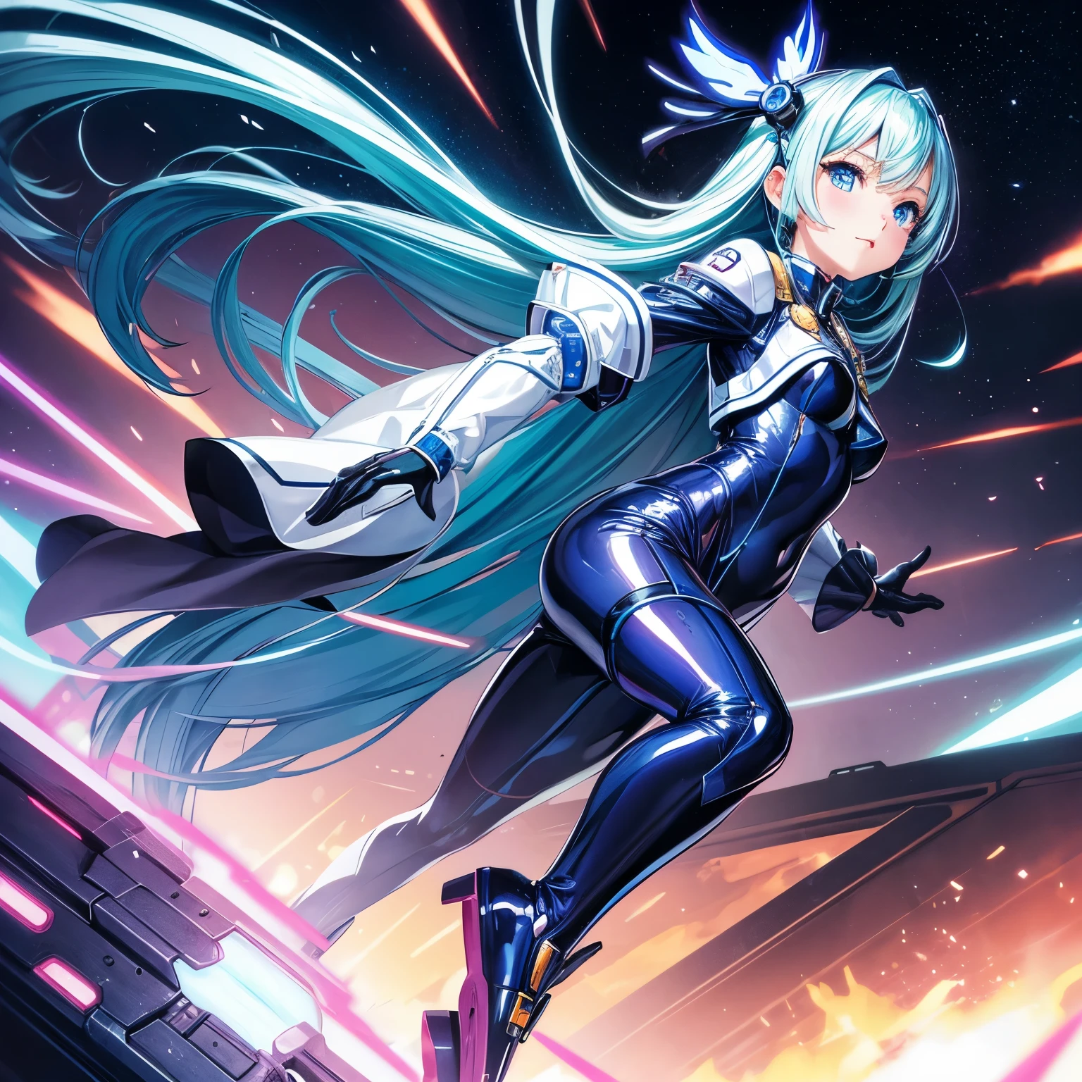 highest quality,shiny skin,cute young japanese girl,Futuristic accessories,pop color bodysuit,Big shining blue eyes,ta,SF,running,An illustration