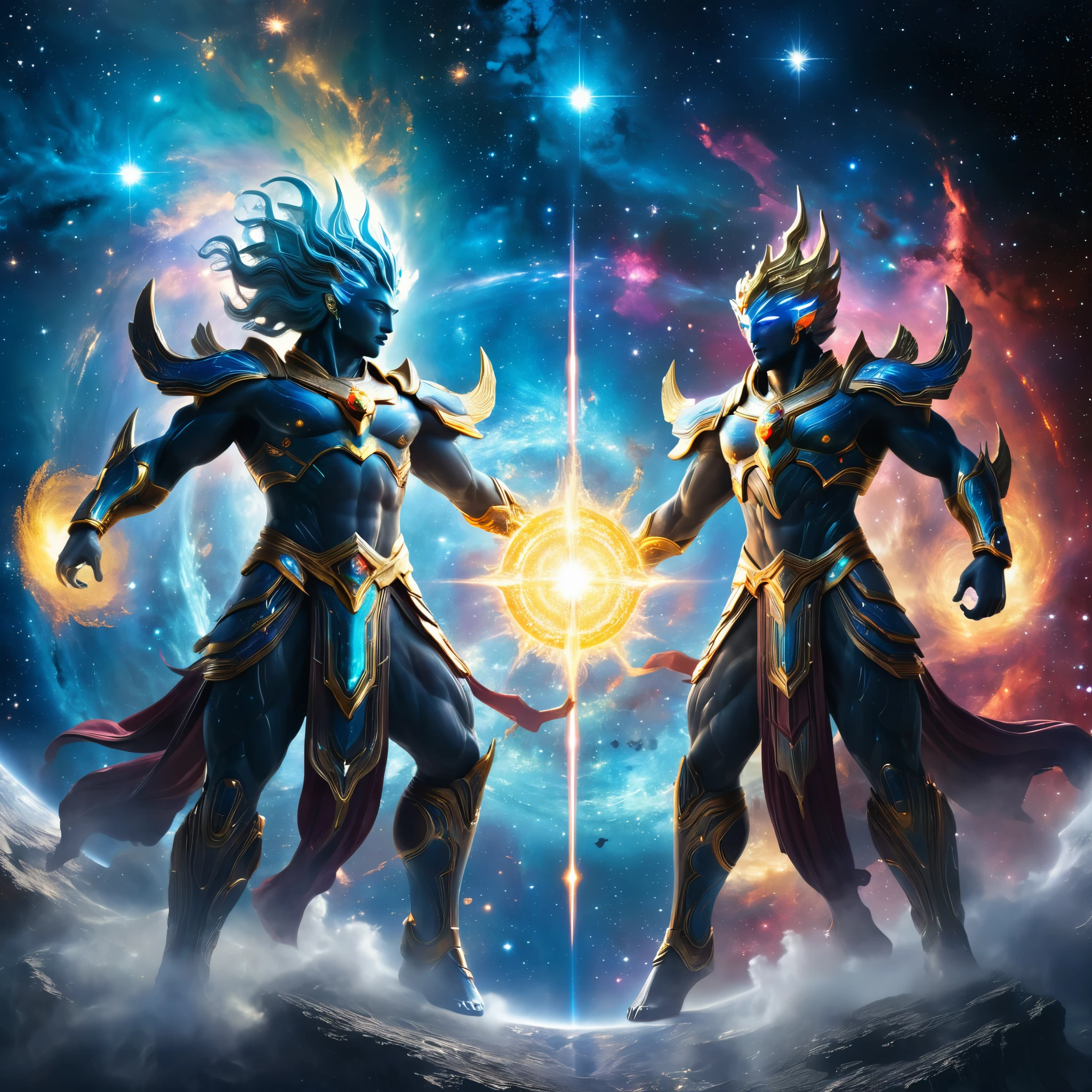 In the grandeur of the cosmos, two ancient deities, their bodies crafted from ethereal energy and light, come to a final, epic confrontation. Their forms clash, creating dazzling bursts of radiant energy that ripple through the universe, as they wield cosmic powers and unimaginable weapons. A celestial battle unfolds, with galaxies and nebulae serving as the backdrop to their magnificent, realistic and detailed struggle for dominance.