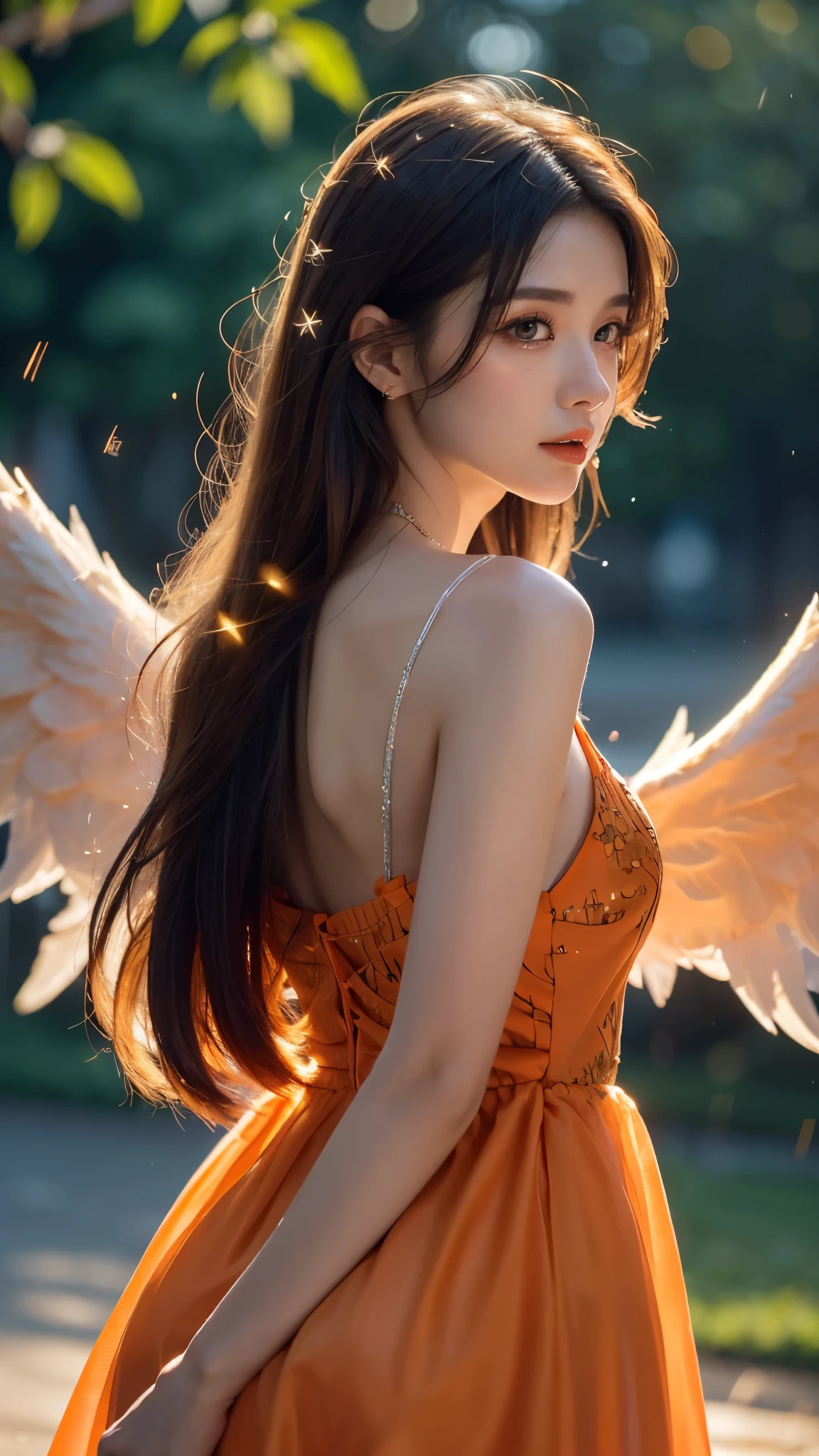 8k ultra hd, masterpiece, a girl, (good face:1.4), detailed, eyes, beautiful lips, very long hair, spreading hair, small breasts, (angel dress:1.5), (orange dress:1.5), necklace, wings, in the park, flying birds, (glowing:1.5), rainy weather,
