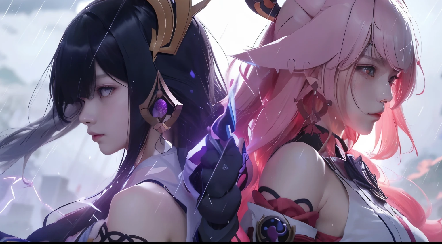 anime characters in the rain with a sword and a sword, genshin, wlop and sakimichan, genshin impact, video game genshin impact, raiden shogun genshin impact, characters from genshin impact, genshin impact character, yae miko from genshin impact, onmyoji detailed art, raiden shogun & yae miko game genshin impact, thundering rain