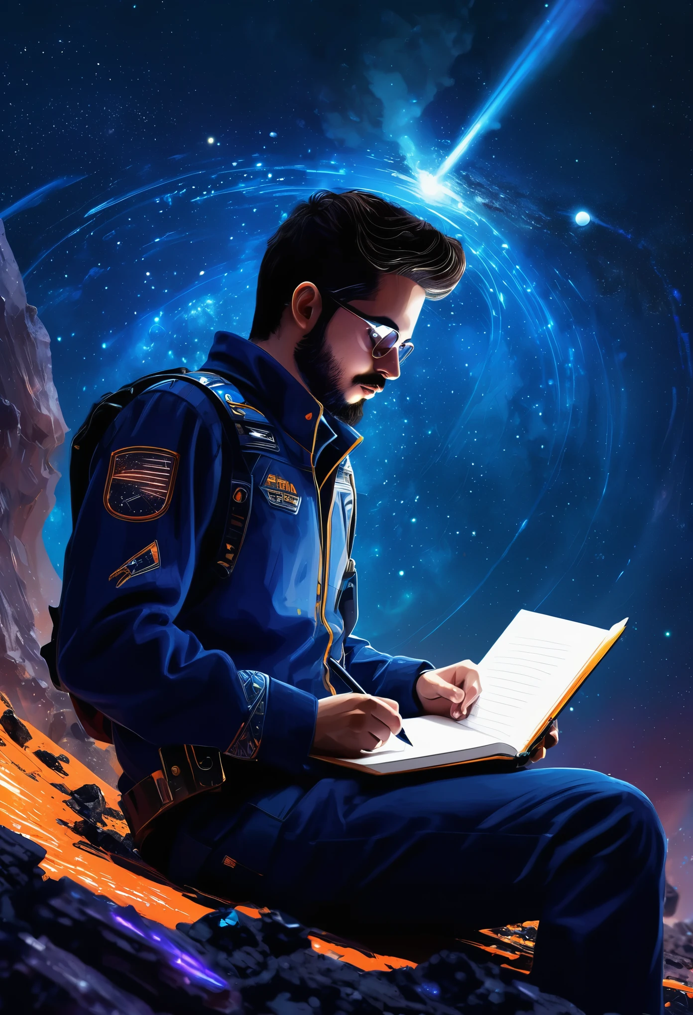 Draw a young programmer, sitting on a research platform floating in the middle of an asteroid belt. He is studying with a notebook, surrounded by several asteroids glowing with fiery auras. Dramatic lighting from distant stars and planets illuminates the scene, casting deep shadows on the suit. The young man looks confident and determined, looking at the vast and mysterious universe with wonder and respect,facial hair, cowboy shot,